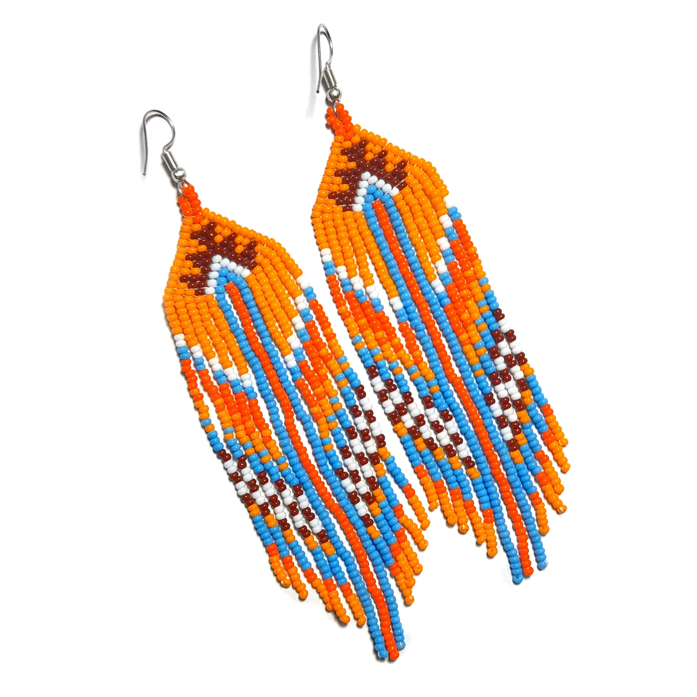 thumbnail image 2 of Handmade Native Style Beaded Long Post Earrings - Blue Red Glass Beads On Brass - E60/65 2 of 4