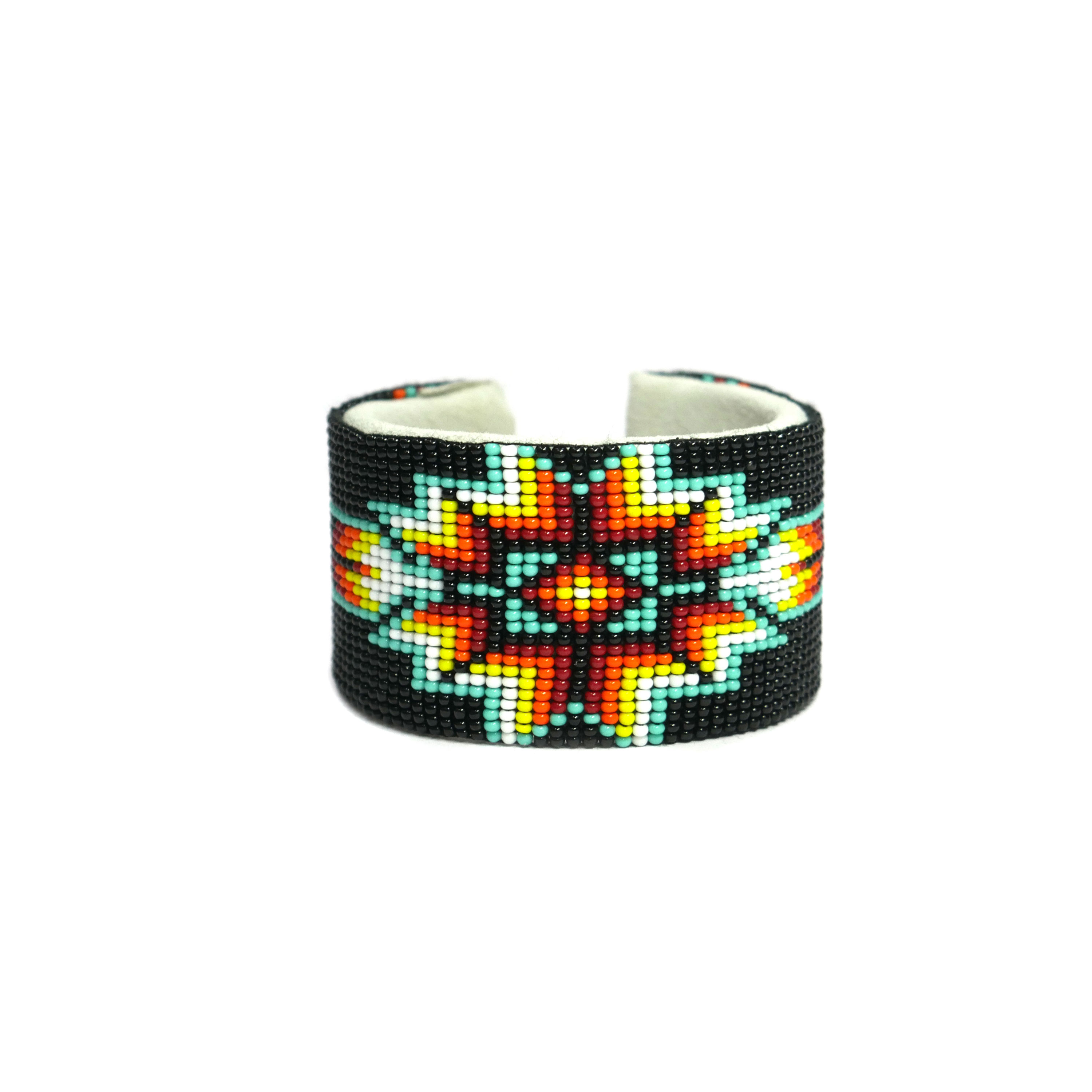 Handmade Native American Handmade Beaded leather Cuff bracelet ( Black Star )