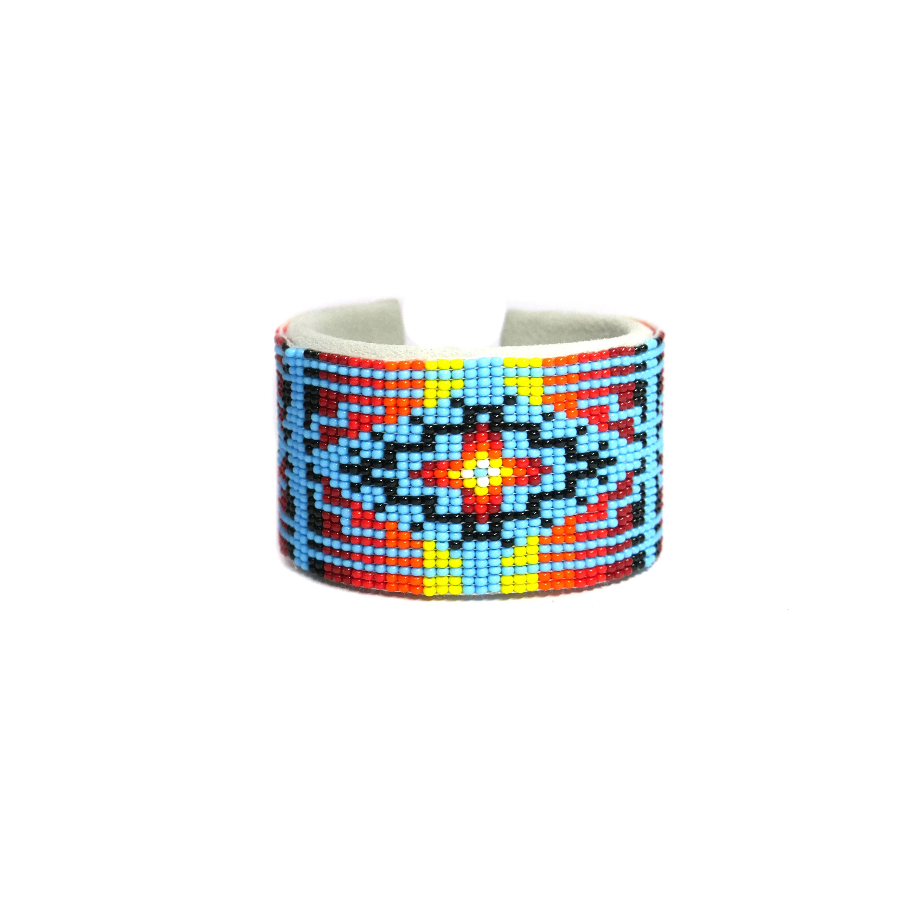 Handmade Native American Handmade Beaded leather Cuff bracelet ( Sky-Blue Geometric )
