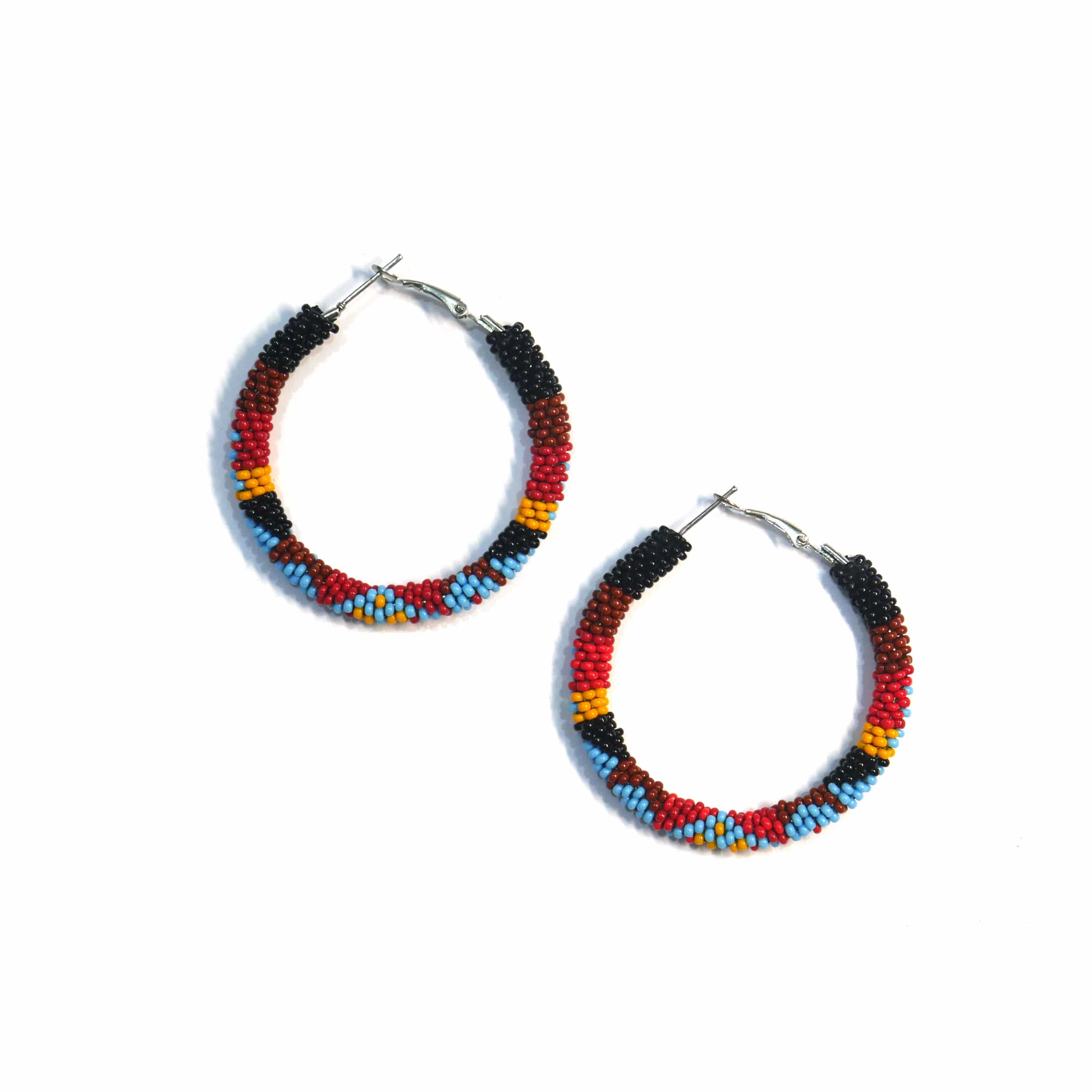 Native American Style Beaded Hoop Earrings Black Multi-Color