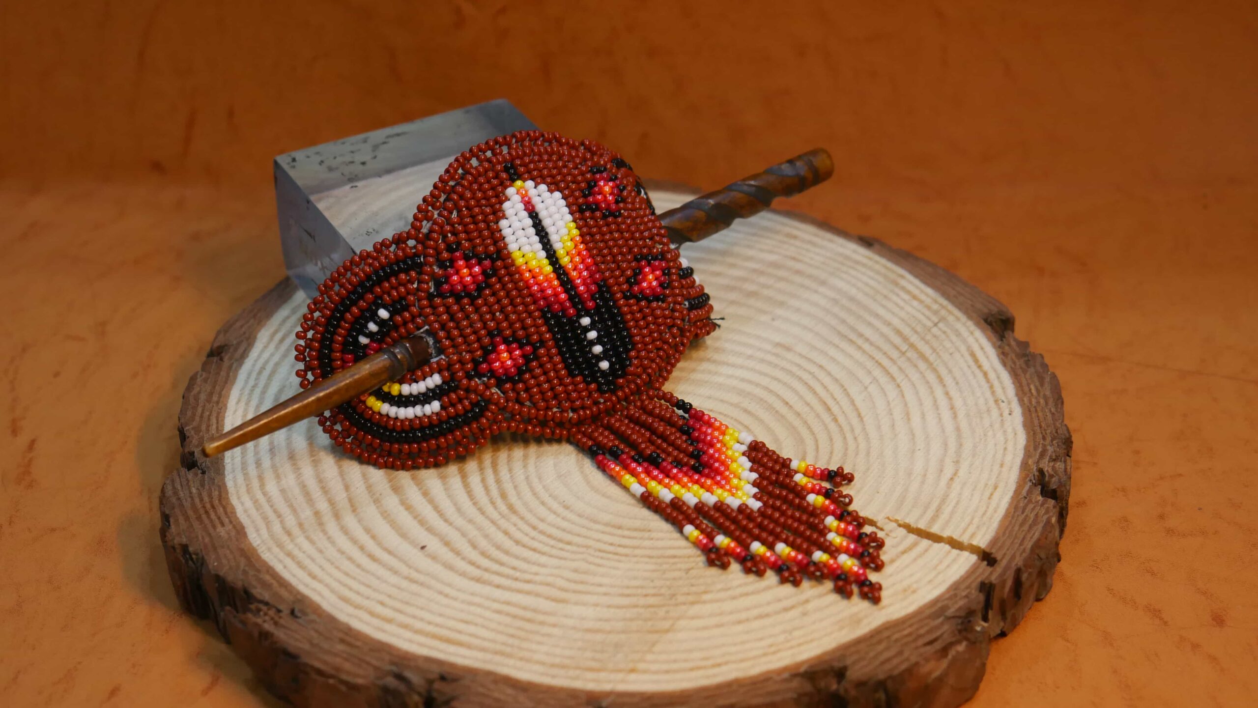 Handmade Beaded Barrette with Sticks Navajo Beaded Barrette ( Brown Feather )