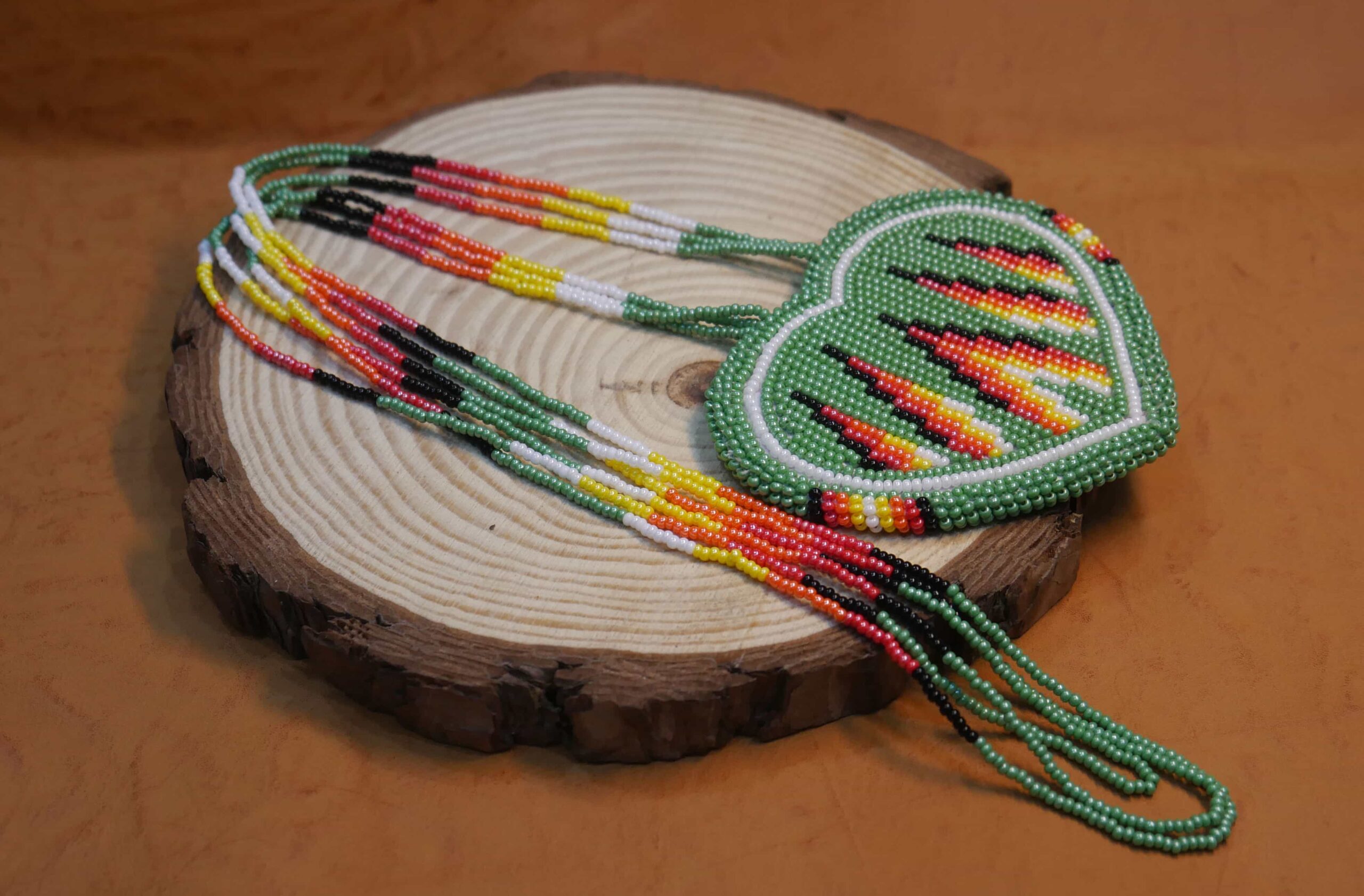 Native American Beaded Medallion Necklace ( Green Heart )