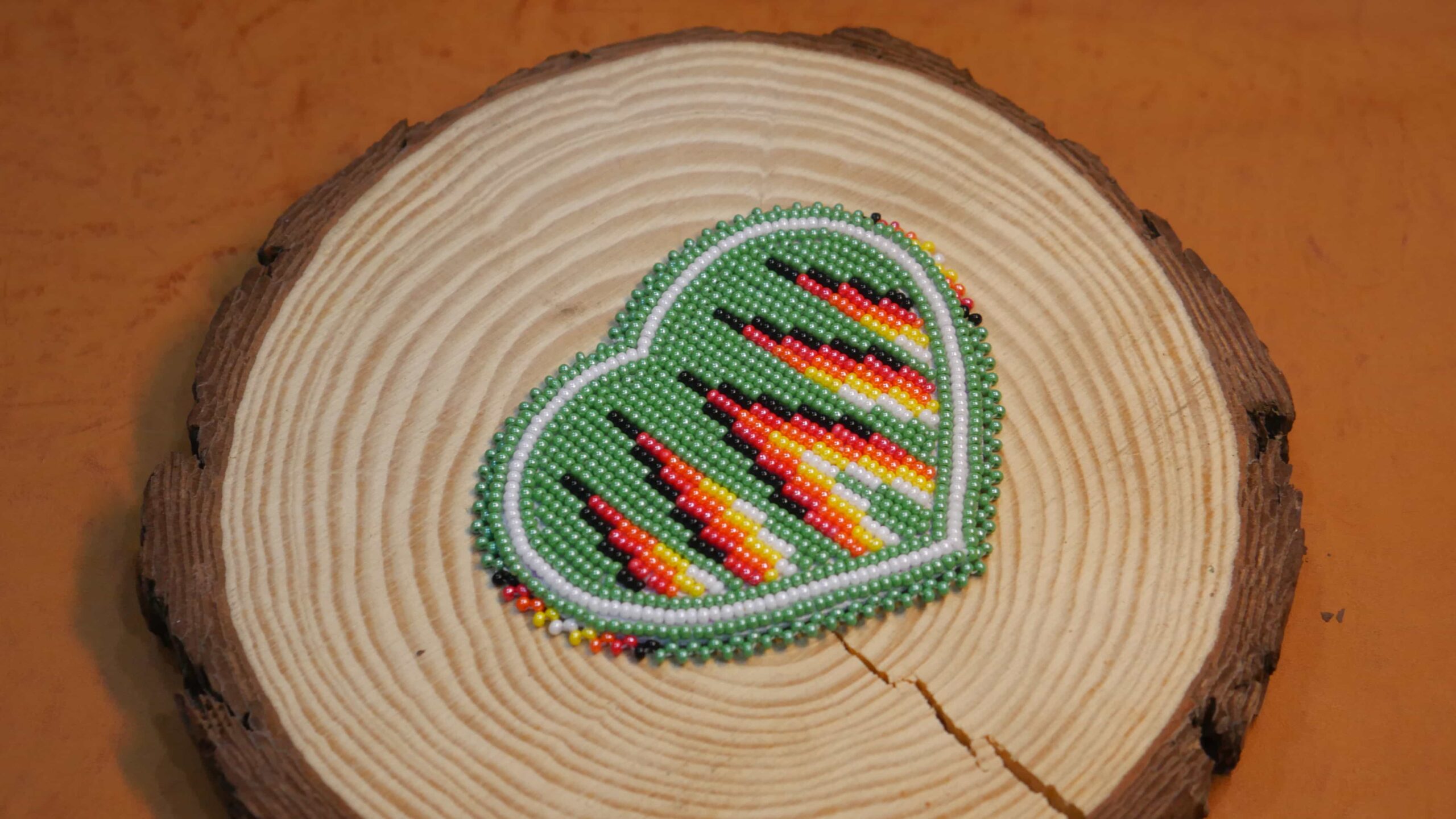 3.0 inch Green Heart seed bead Rosette beaded patch, medallion, rosette applique