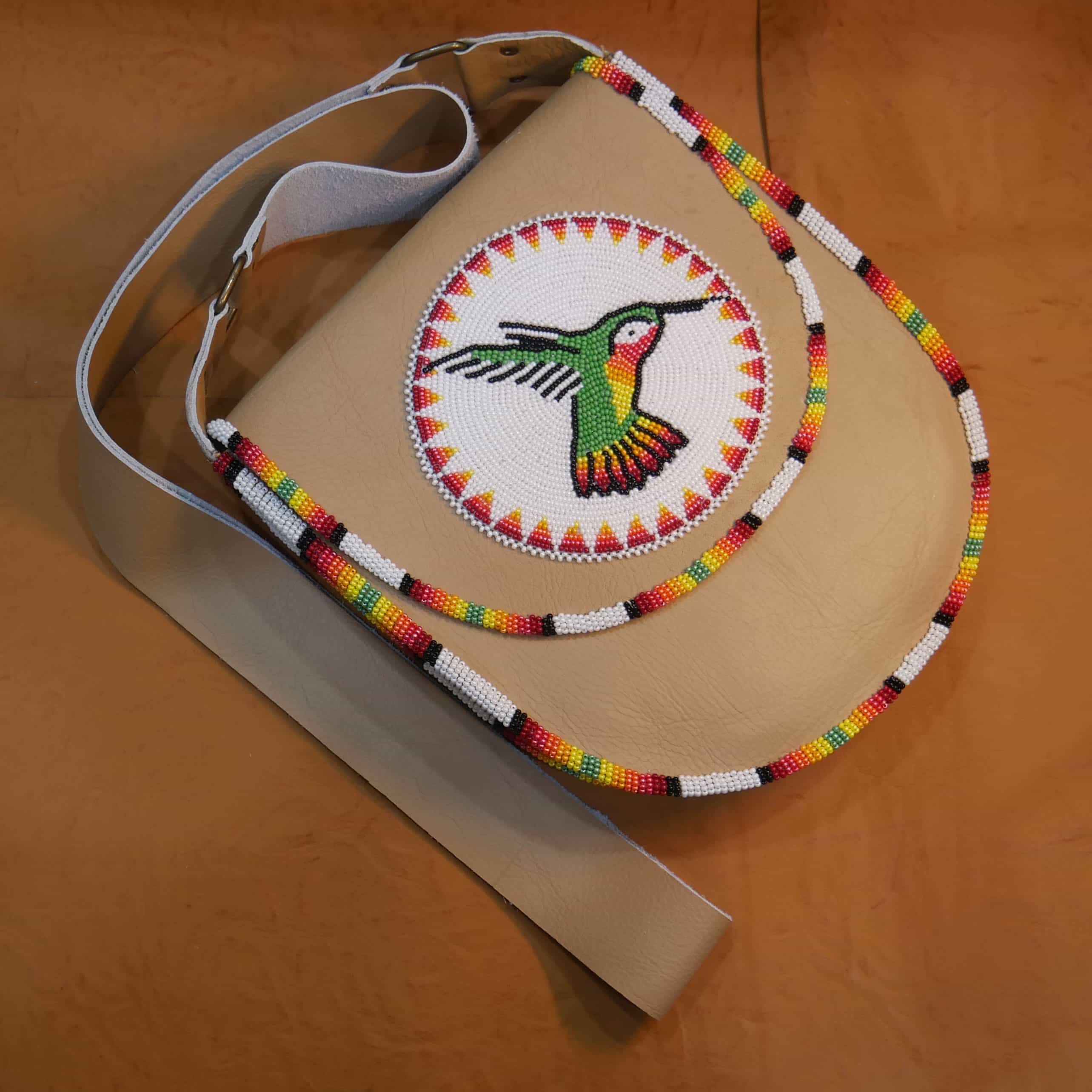 Handmade Beaded Leather Crossbody bag with Beaded Large Medallion Star , Shoulder Bag, Gift for Her, Gift for him (White Hummingbird)