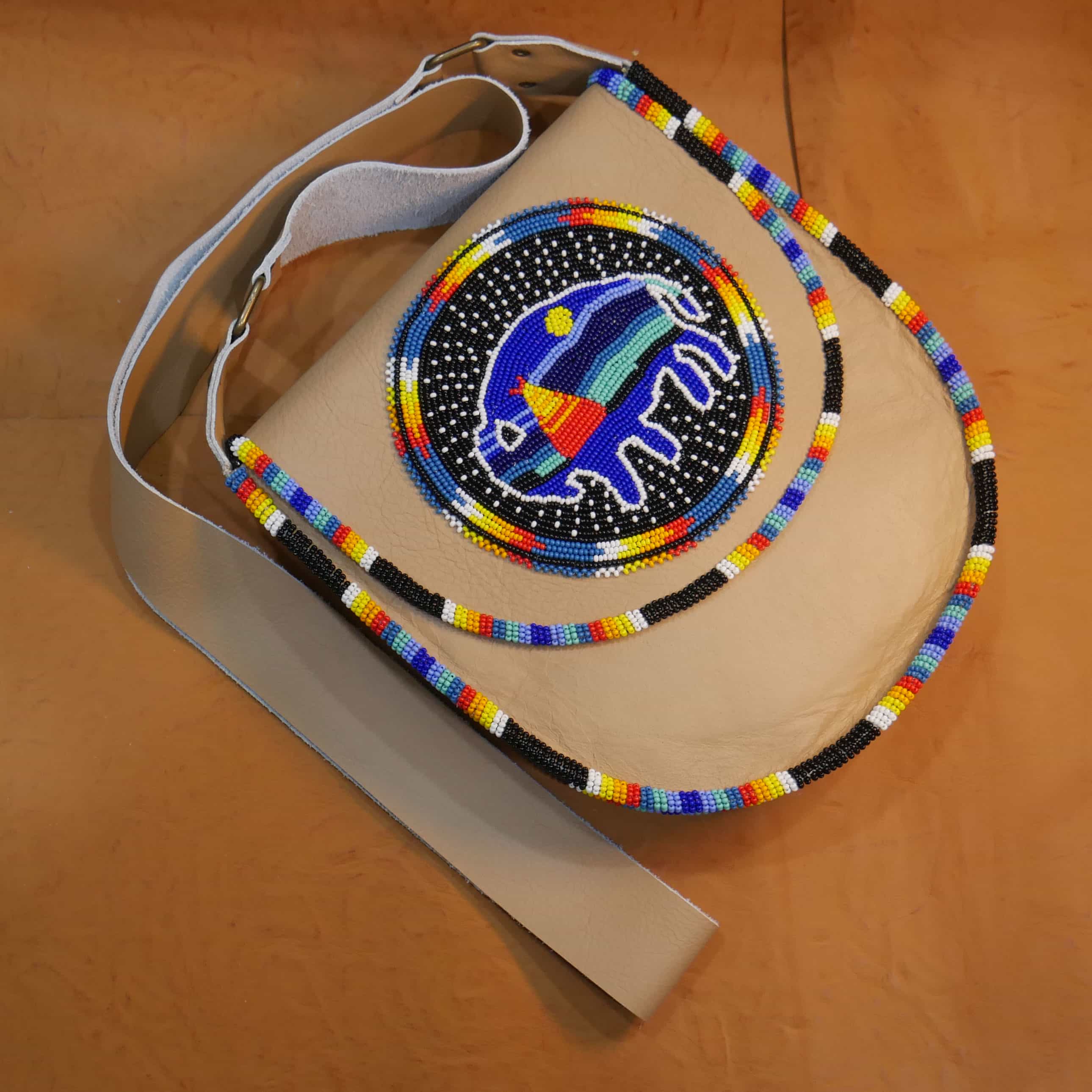 Handmade Beaded Leather Crossbody bag with Beaded Large Medallion Star , Shoulder Bag, Gift for Her, Gift for him (Bison Under the star )