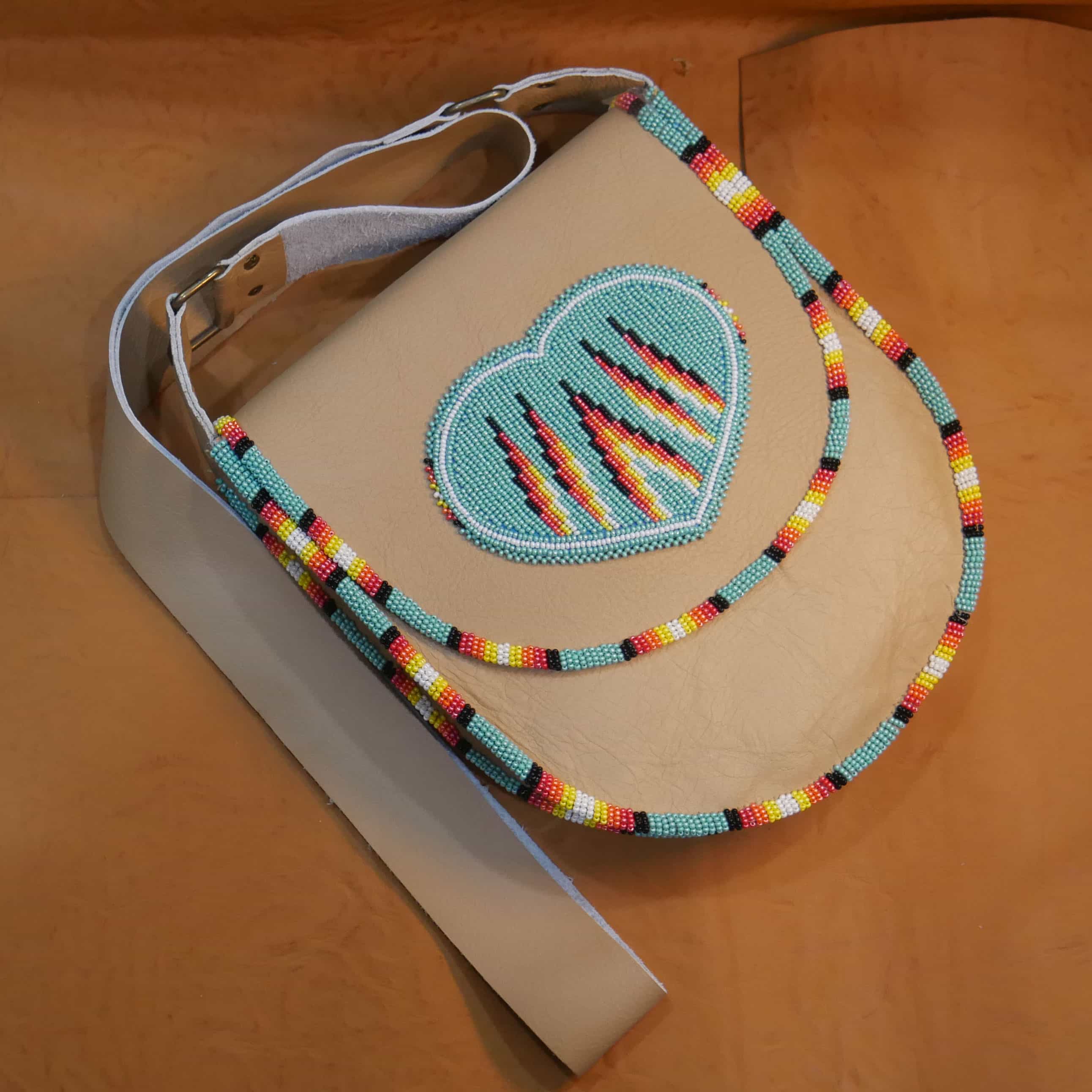 Handmade Beaded Leather Crossbody bag with Beaded Large Medallion Star , Shoulder Bag, Gift for Her, Gift for him ( Turquoise Heart)