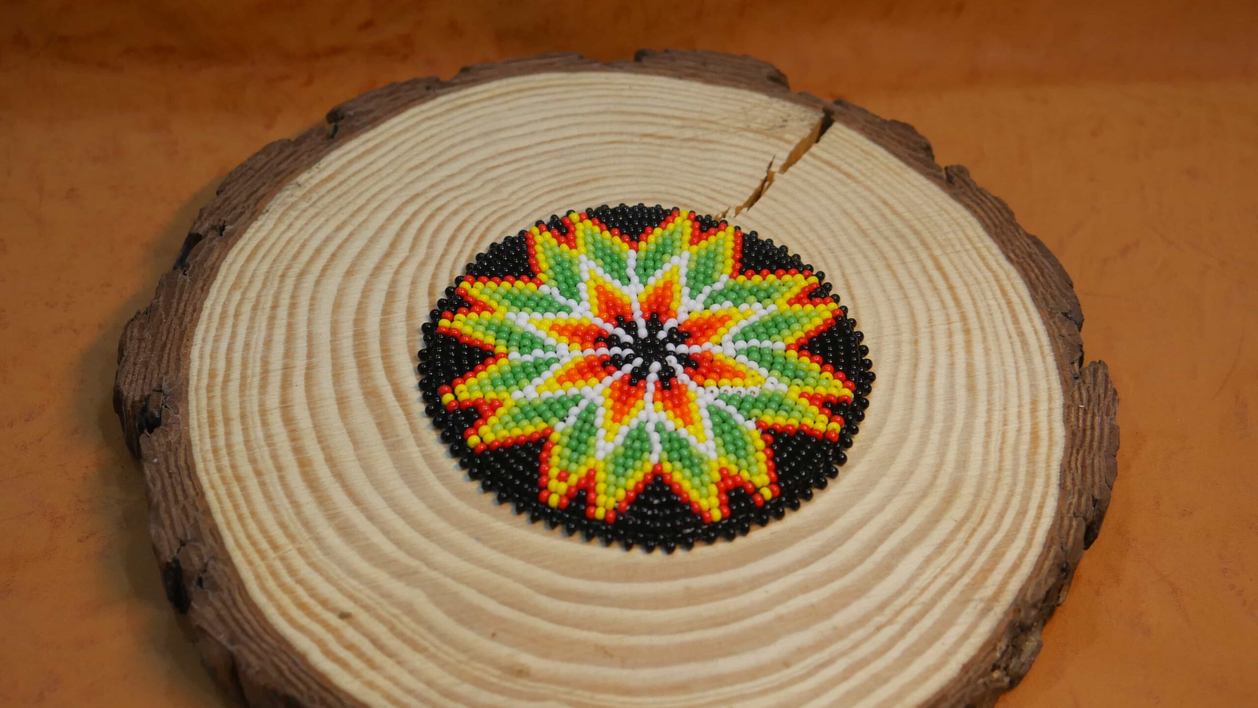 3.0 inch Black & Green Star seed bead Rosette beaded patch, medallion, rosette applique