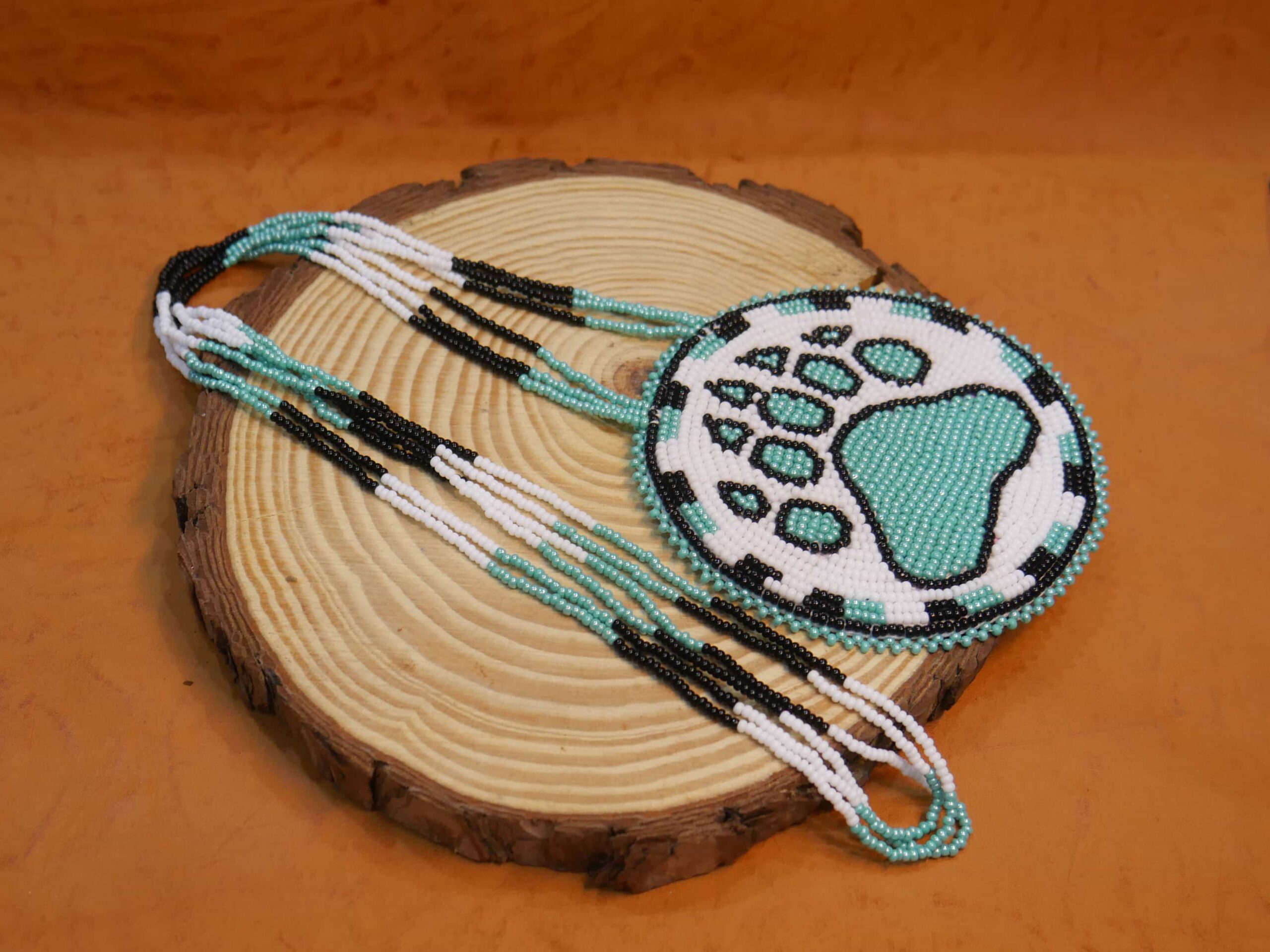 Native American Beaded Medallion Necklace ( Turquoise & White Bear-Paw)