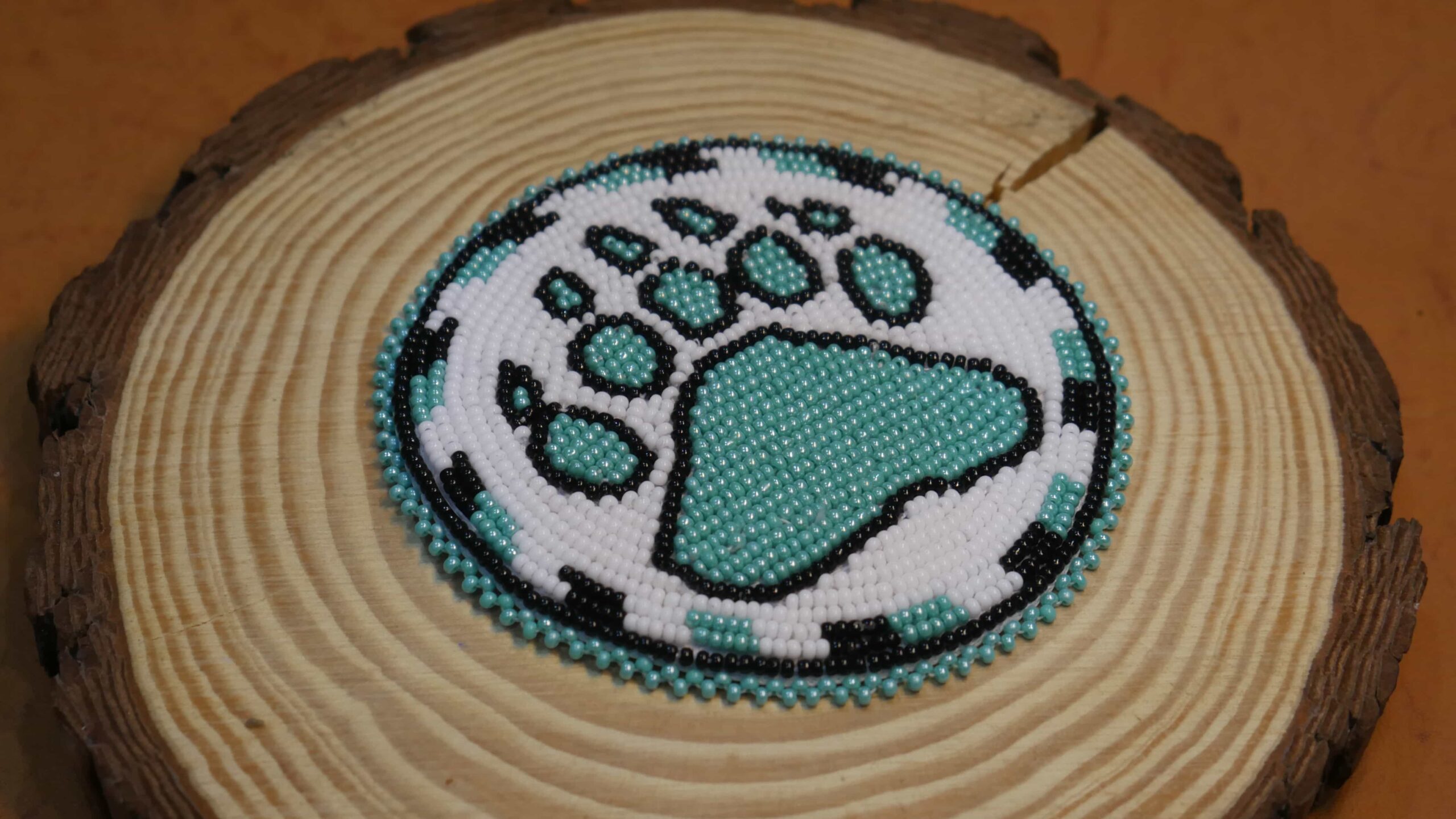 3.0 inch Turquoise & White Bear-Paw seed bead Rosette beaded patch, medallion, rosette applique