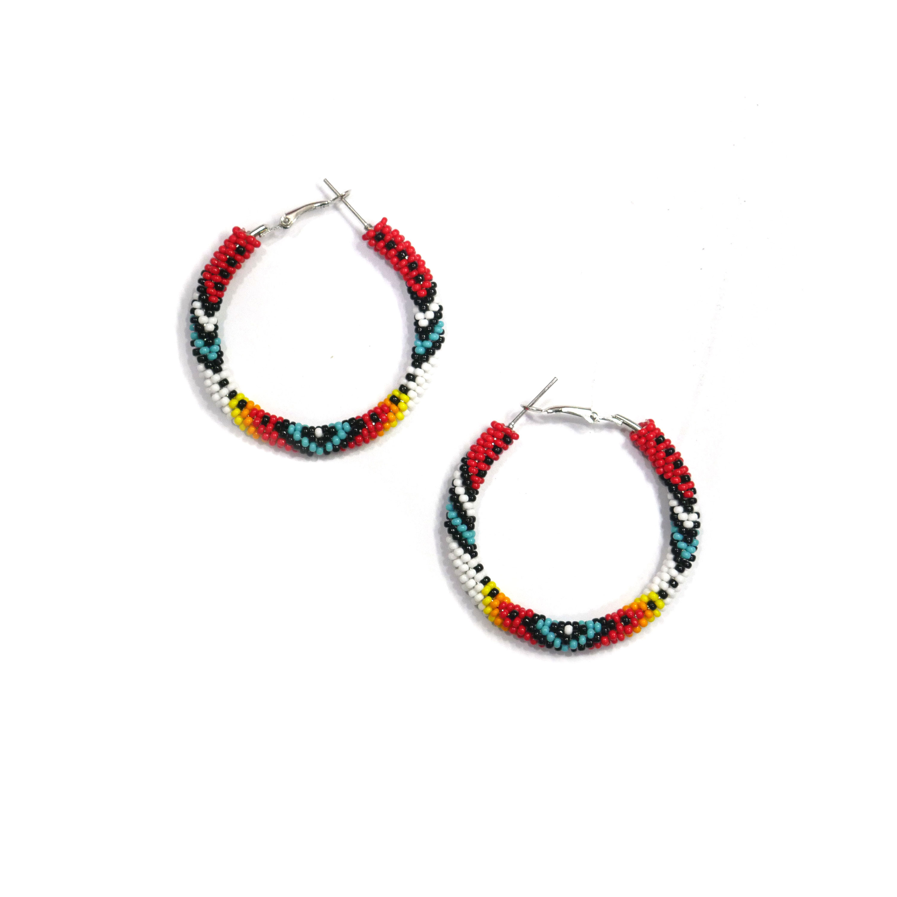 Native American Style Beaded Hoop Earrings Red & White