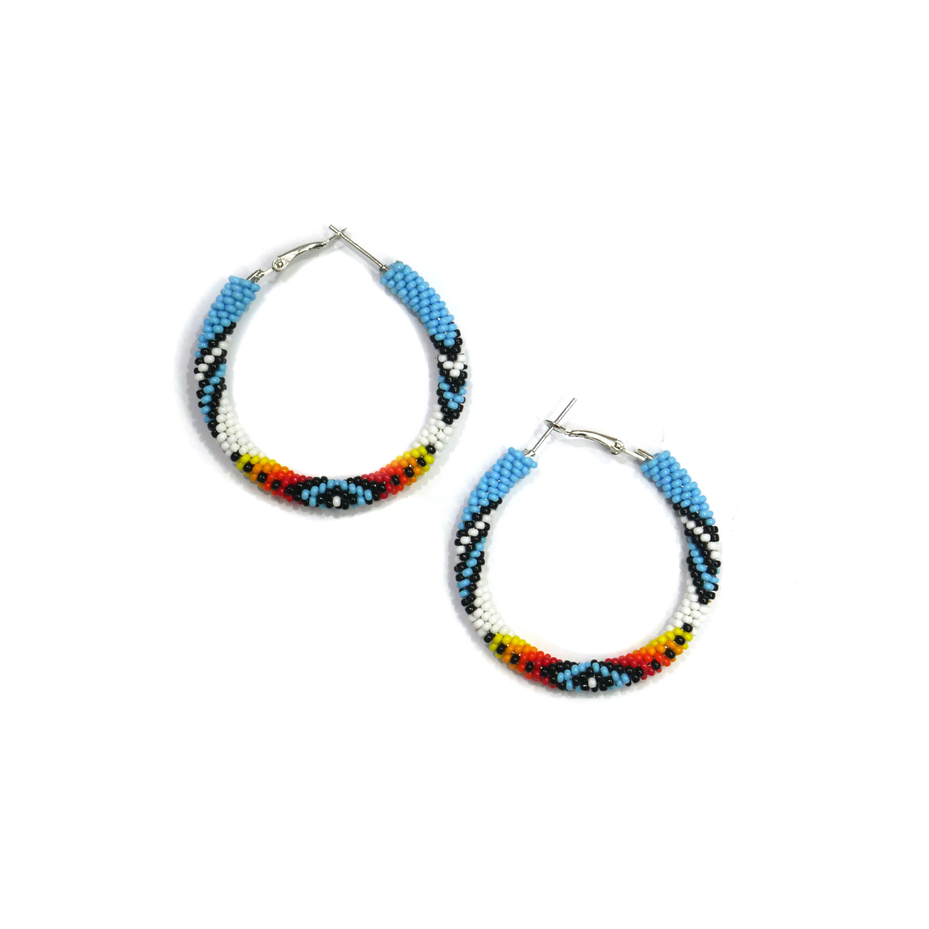 Native American Style Beaded Hoop Earrings Sky-Blue & White