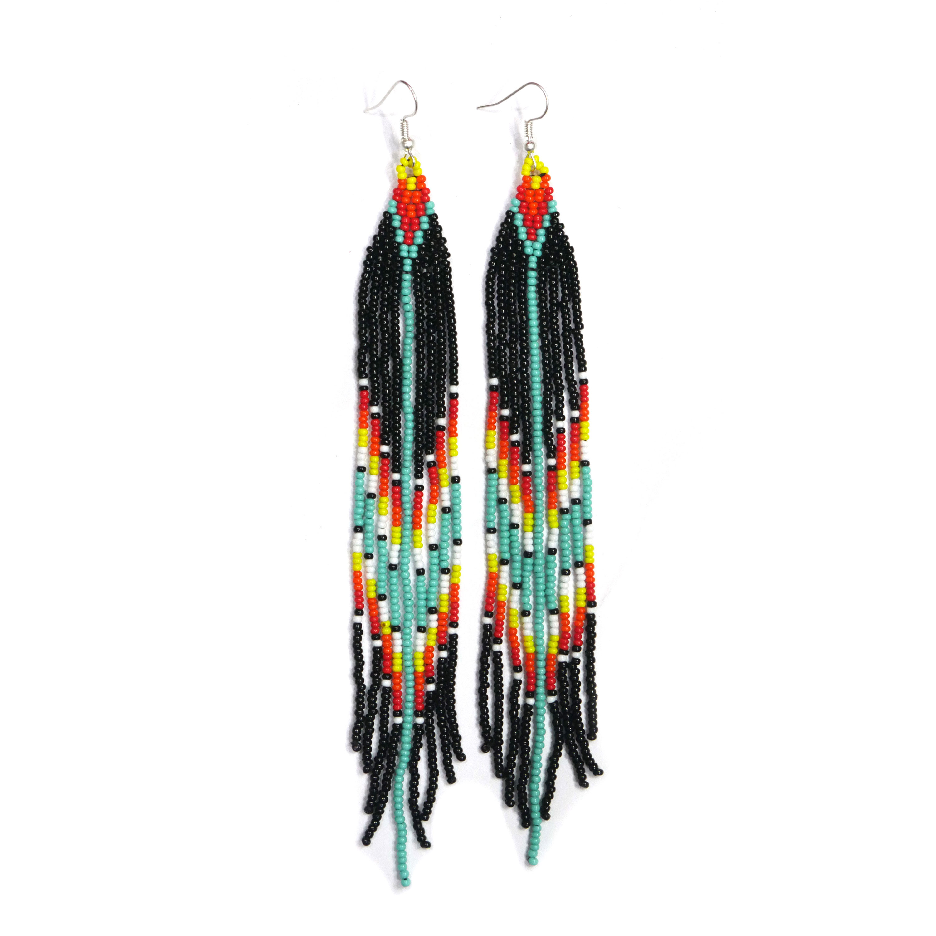 Native American Style Beaded Fringe Earrings (Black & Turquoise )