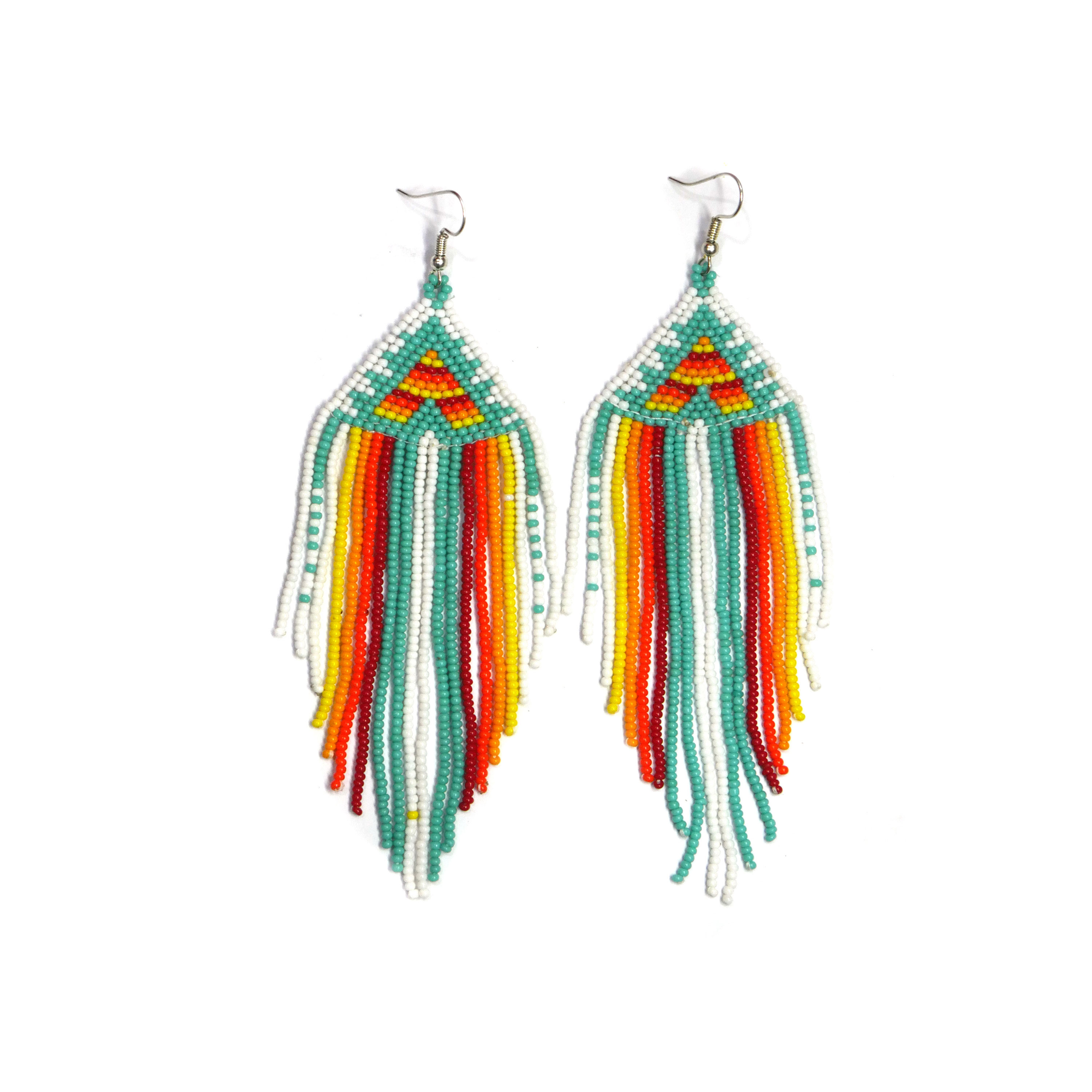 Native American Style Beaded Fringe Earrings ( Turquoise & White  )