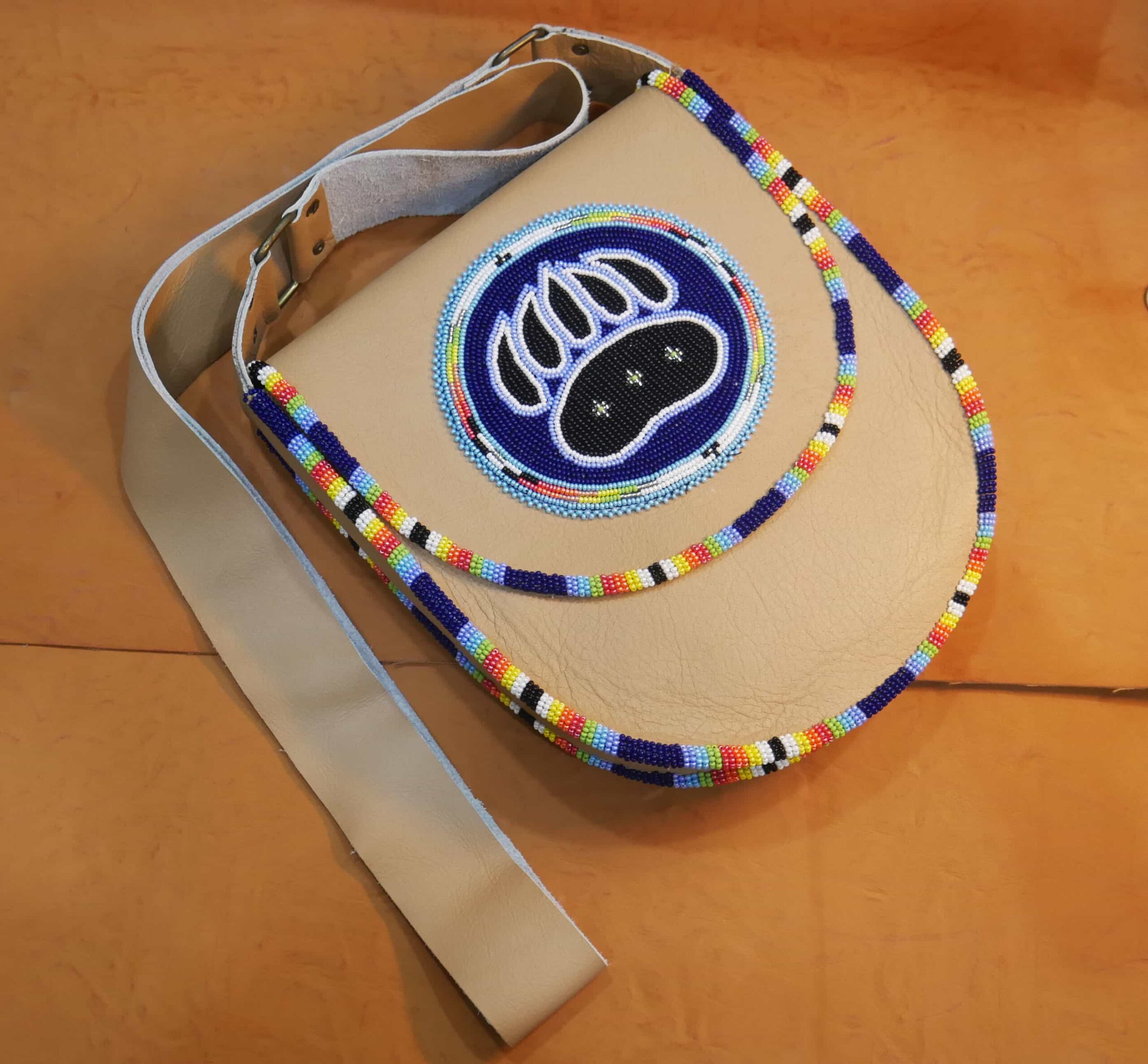 Handmade Beaded Leather Crossbody bag with Beaded Large Medallion Star , Shoulder Bag, Gift for Her, Gift for him ( Blue Bear-Paw)