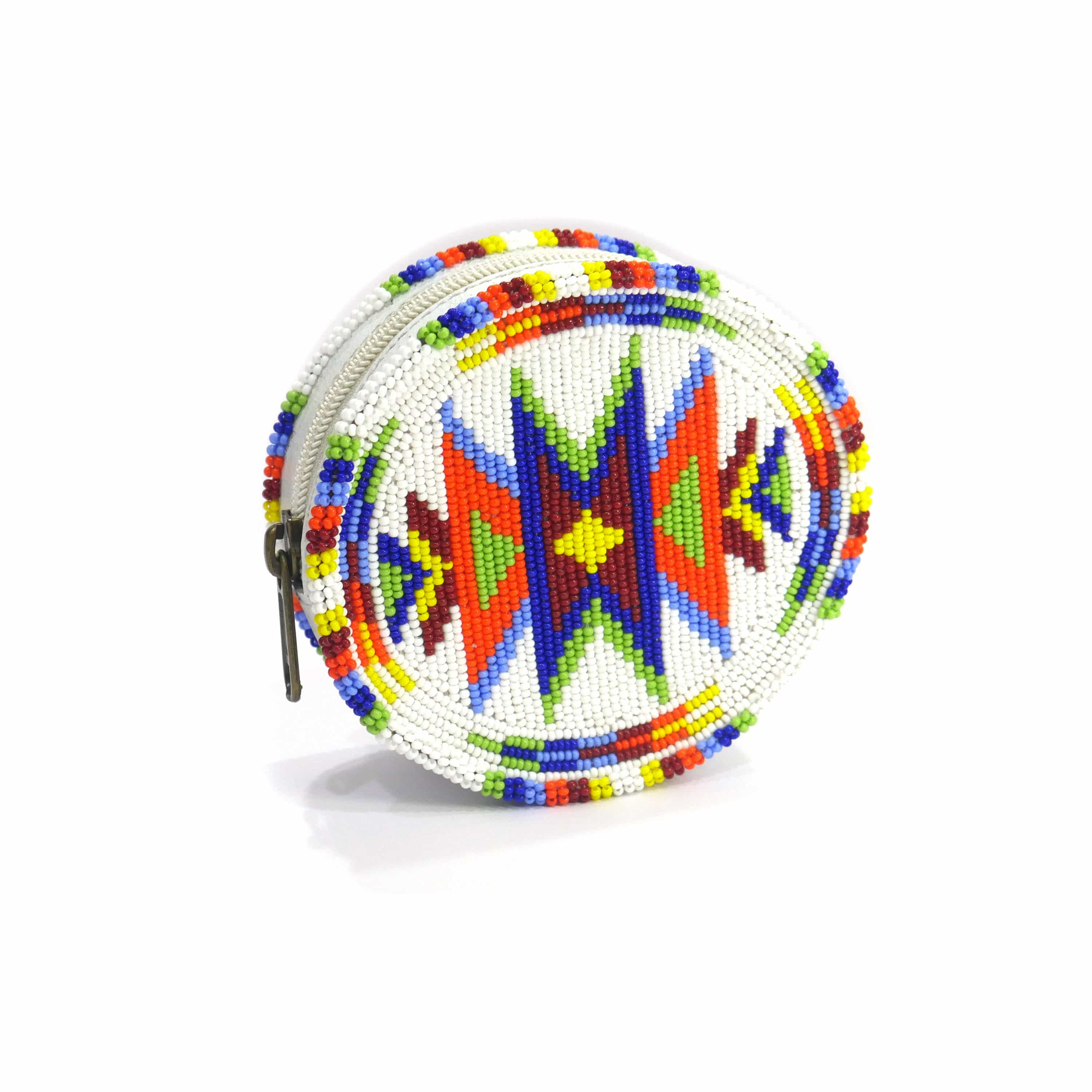 Beaded Leather Round Coin Purse ( White)