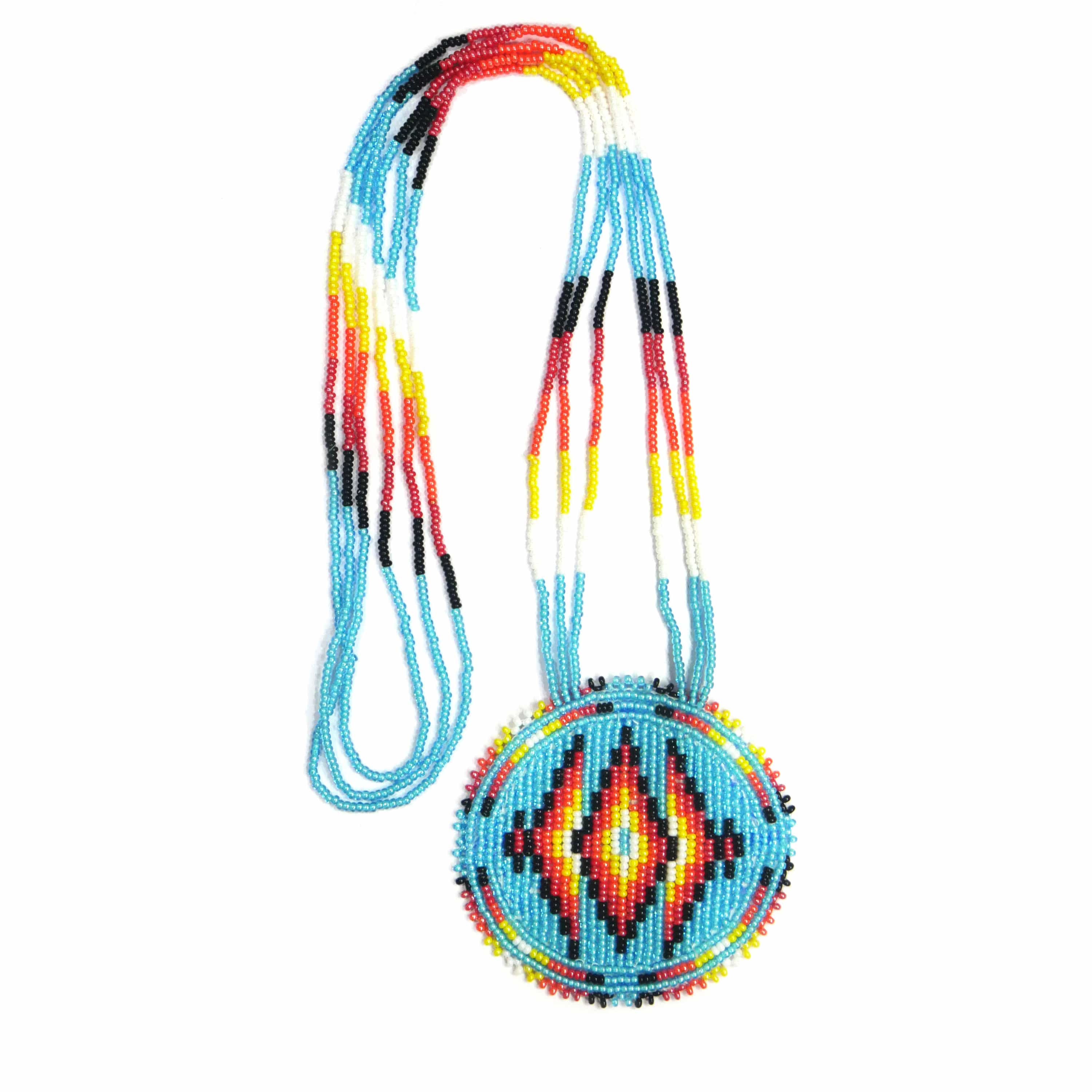 Native American Beaded Medallion Necklace ( Sky-Blue Geometric )
