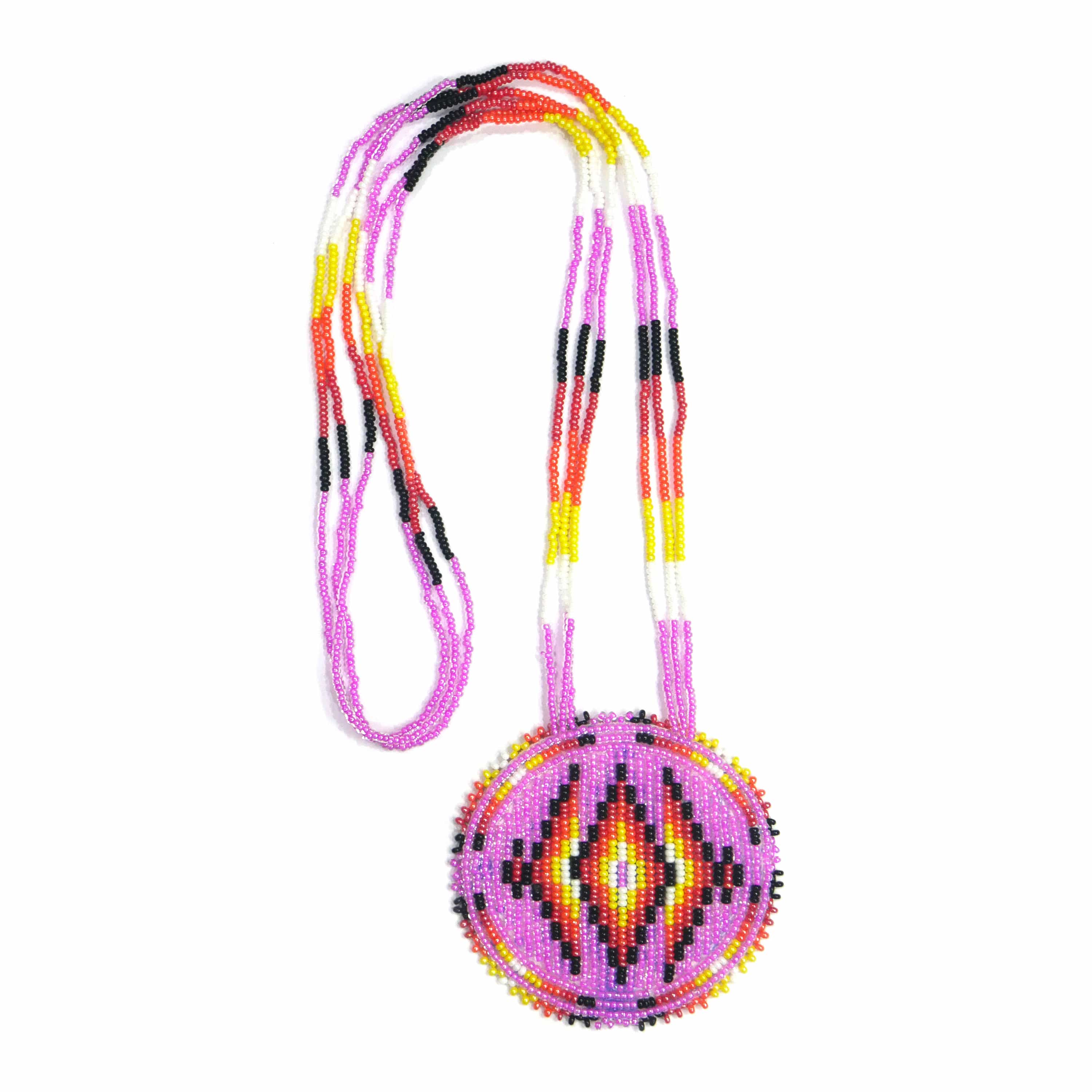 Native American Beaded Medallion Necklace ( Pink Geometric )