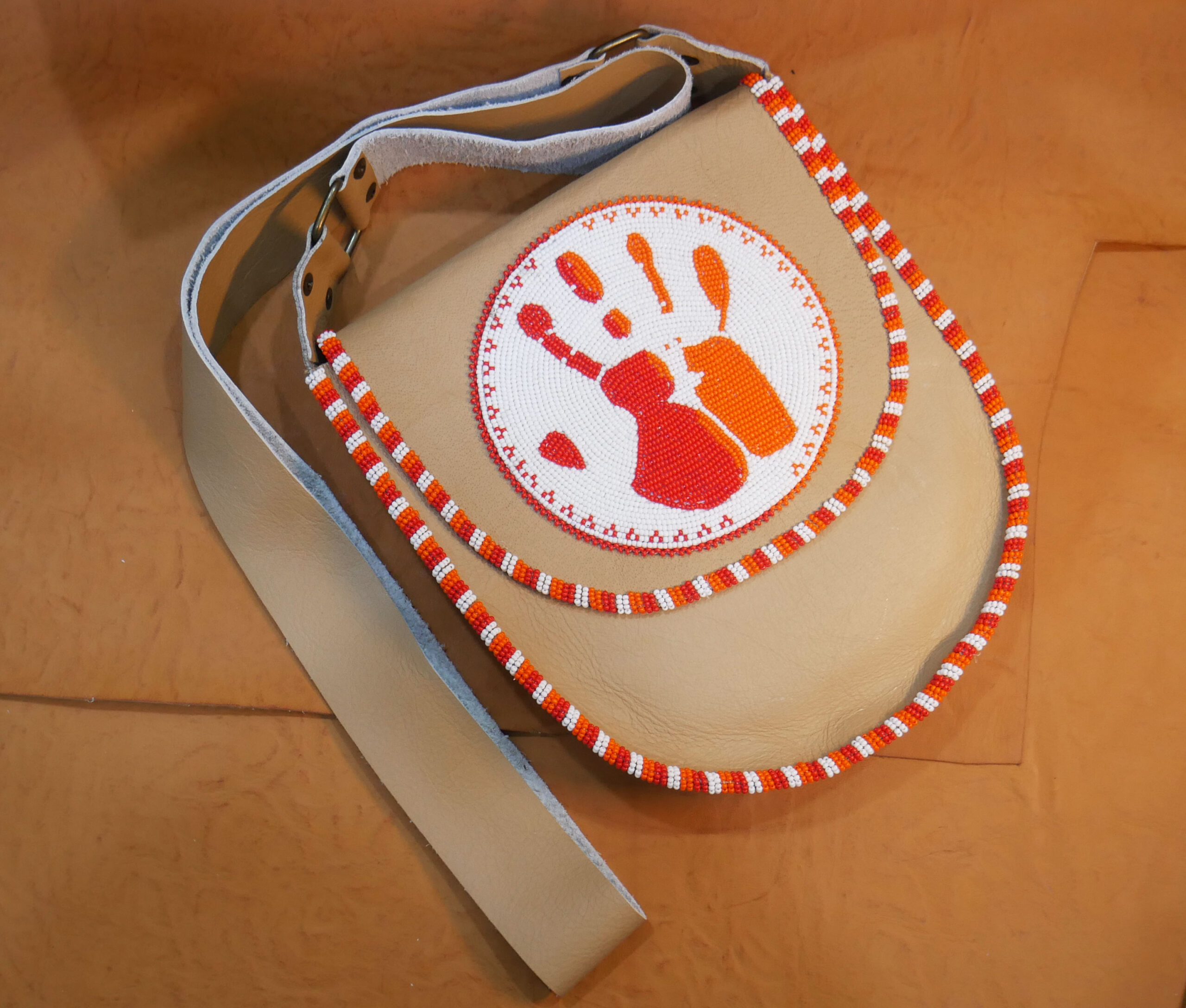 Handmade Beaded Leather Crossbody bag with Beaded Large Medallion Star , Shoulder Bag, Gift for Her, Gift for him ( orange Red & white )