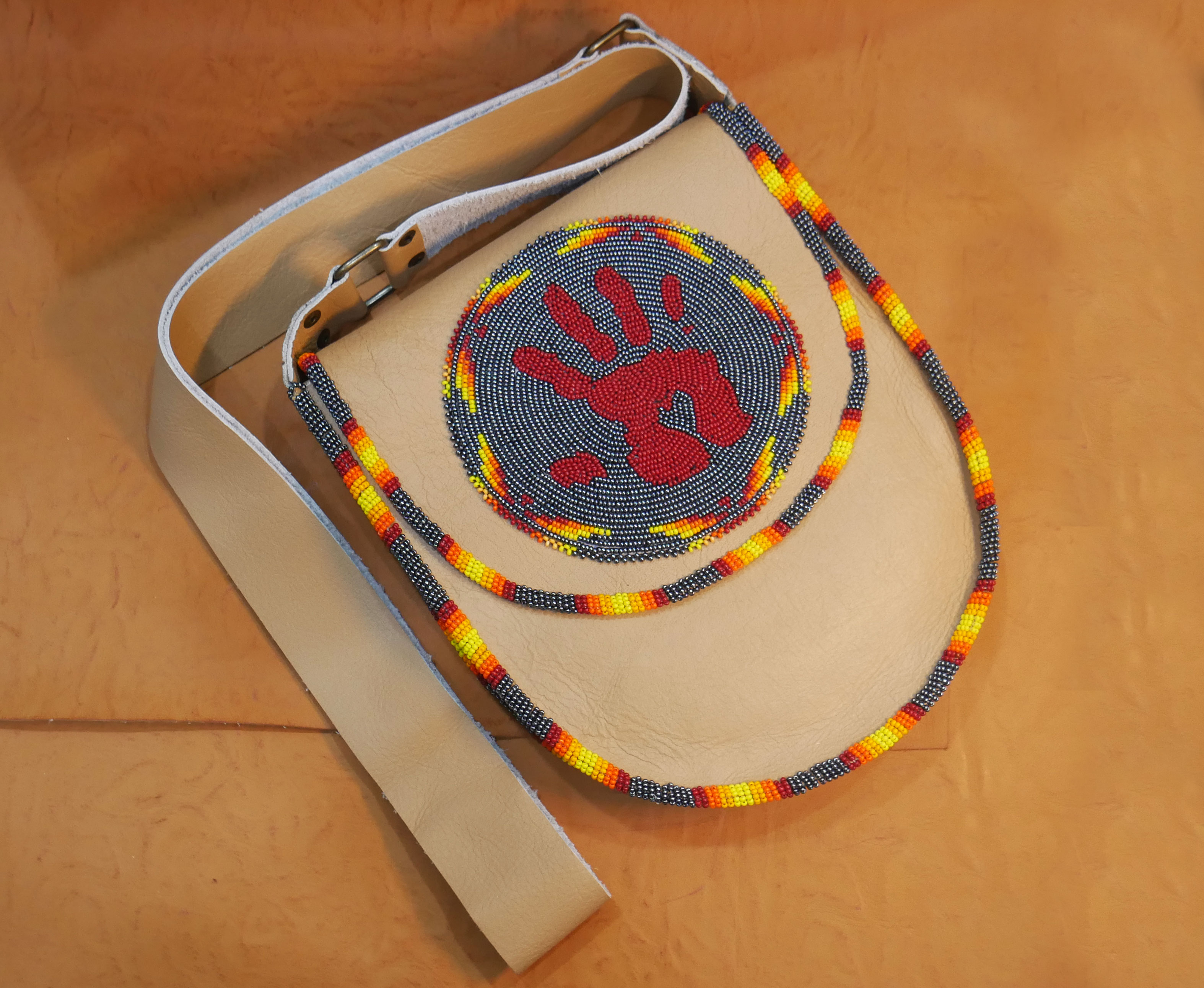 Handmade Beaded Leather Crossbody bag with Beaded Large Medallion Star , Shoulder Bag, Gift for Her, Gift for him ( Grey)