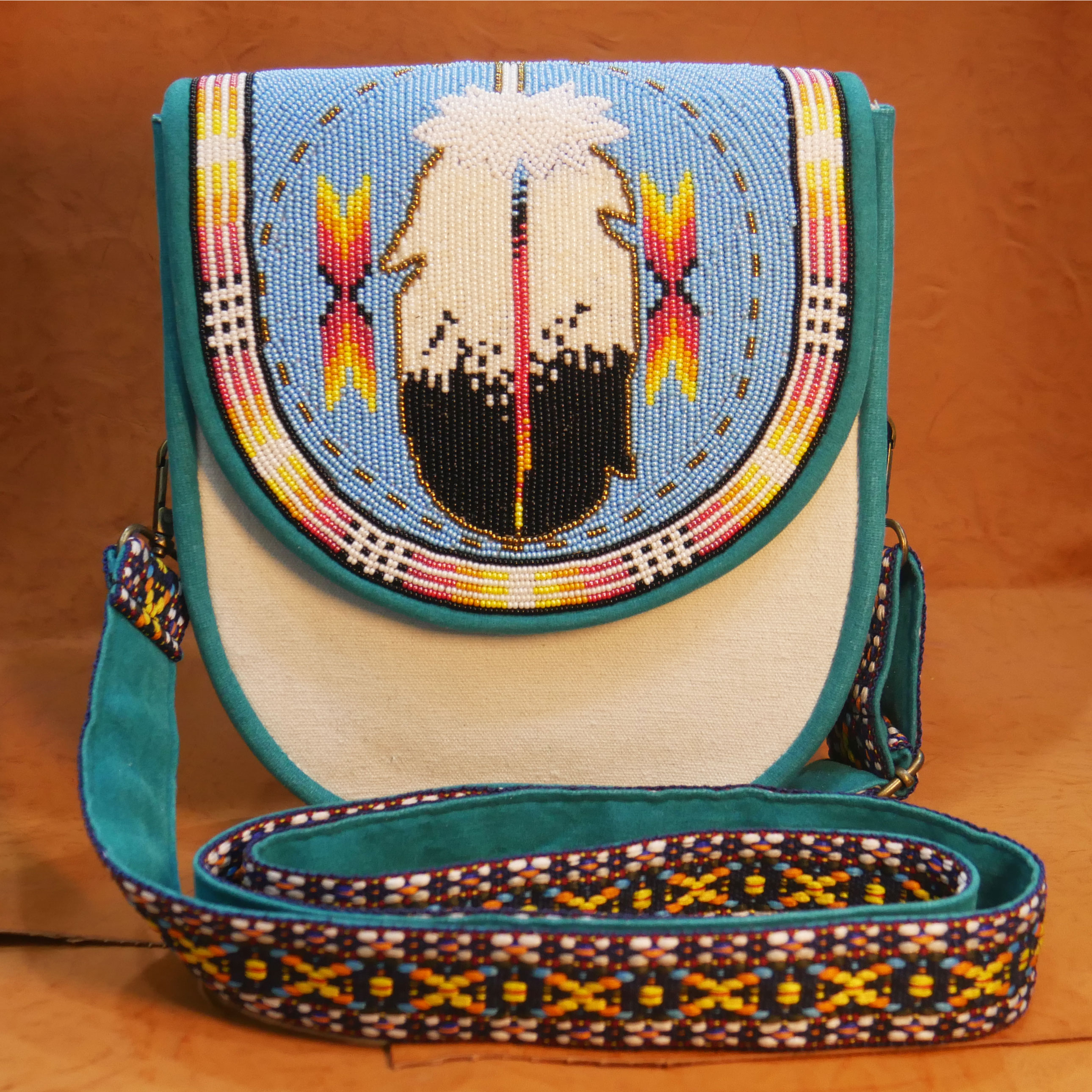 Handmade Native American Beaded Canvas Crossbody Bag , Shoulder Bag, Gift for Her, Gift for him (Sky-blue Feather )