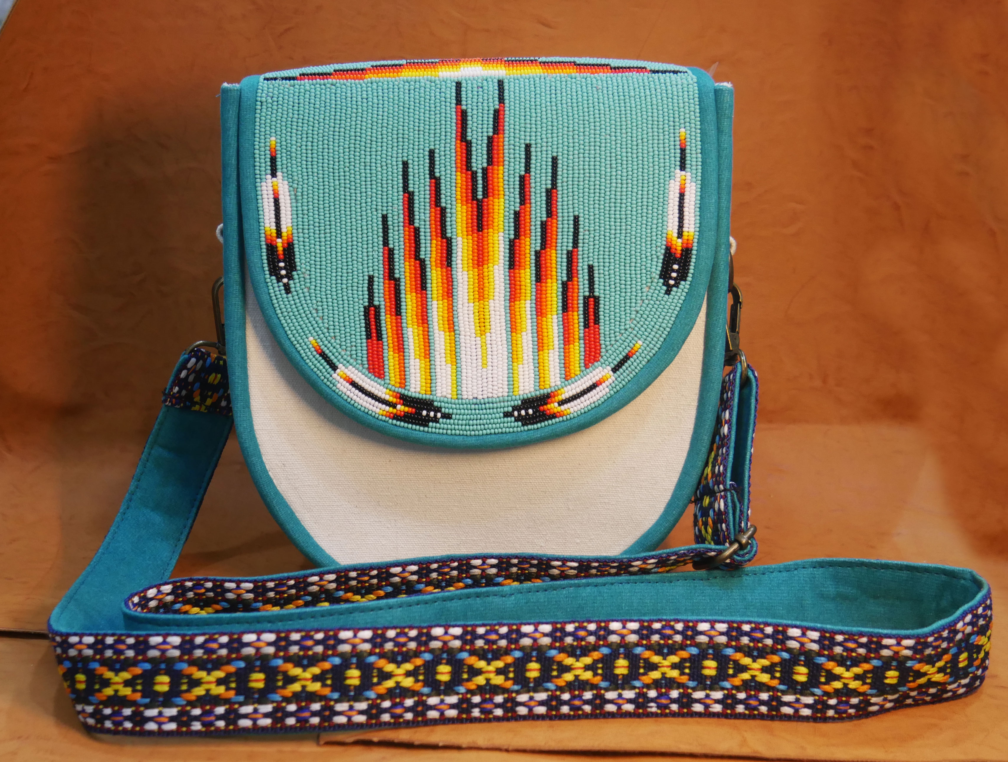Handmade Native American Beaded Canvas Crossbody Bag , Shoulder Bag, Gift for Her, Gift for him ( Turquoise Geometric )