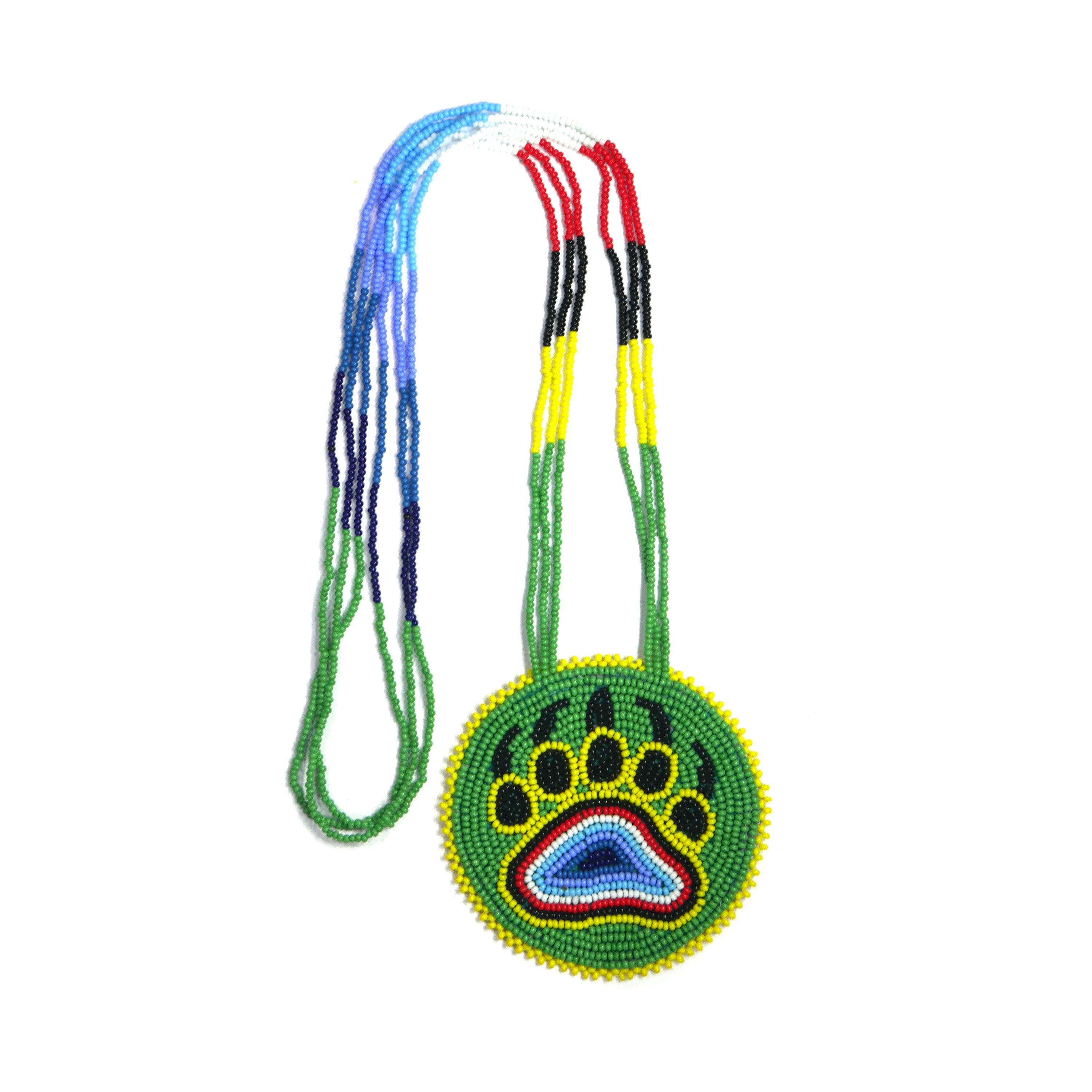 Native American Beaded Medallion Necklace ( Green Bear-paw )