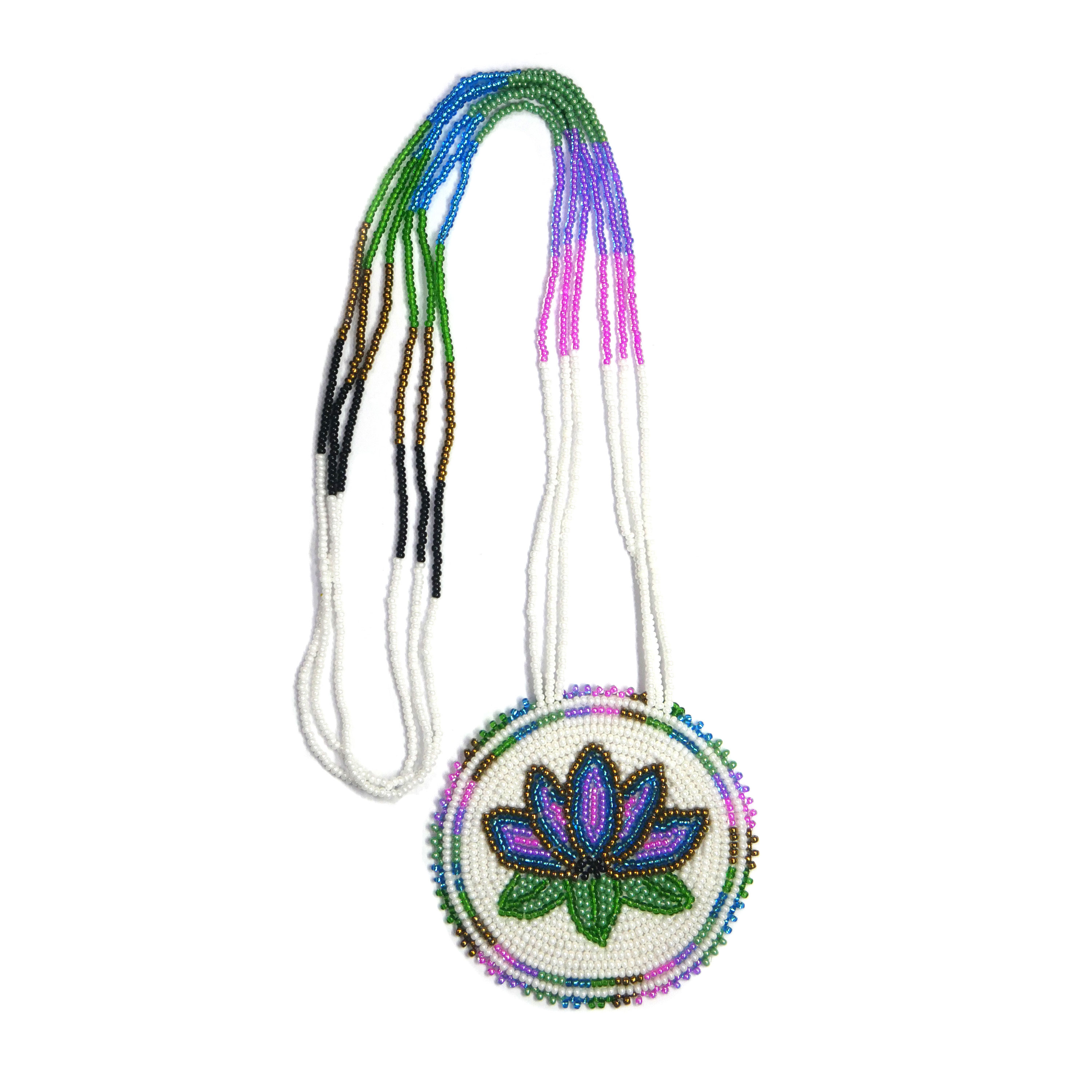 Native American Beaded Medallion Necklace ( Cream Flower )