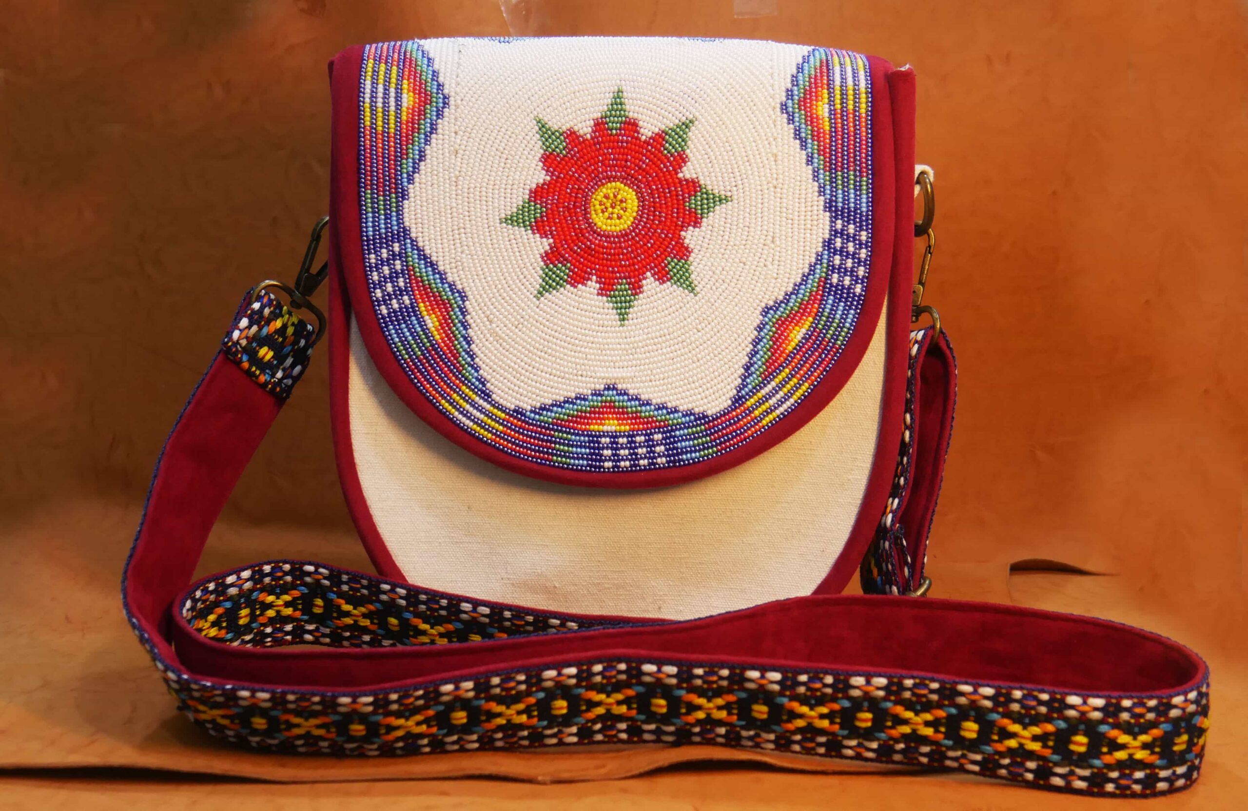 Handmade Native American Beaded Canvas Crossbody Bag , Shoulder Bag, Gift for Her, Gift for him (White Floral