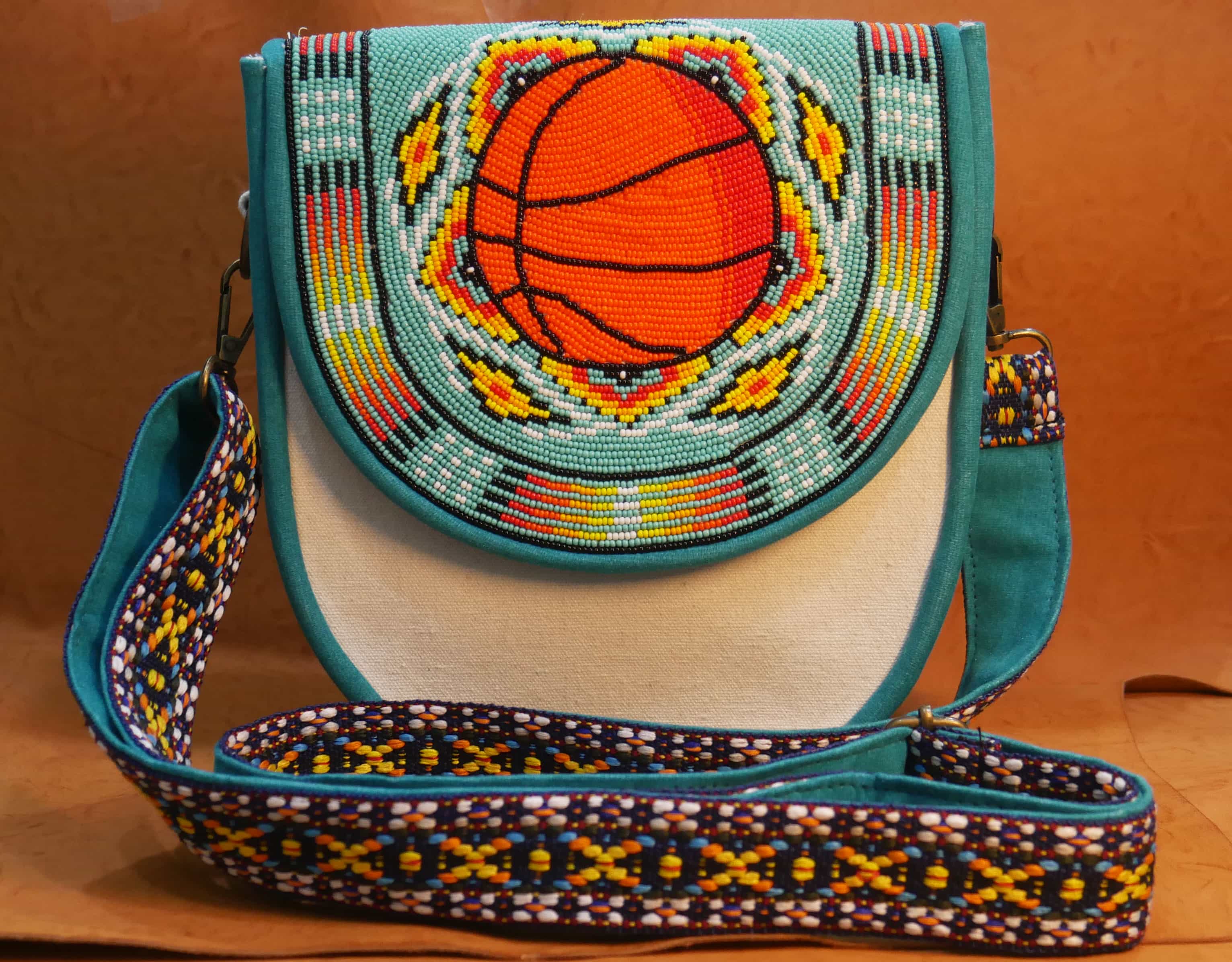 Handmade Native American Beaded Canvas Crossbody Bag , Shoulder Bag, Gift for Her, Gift for him (Turquoise basketball)