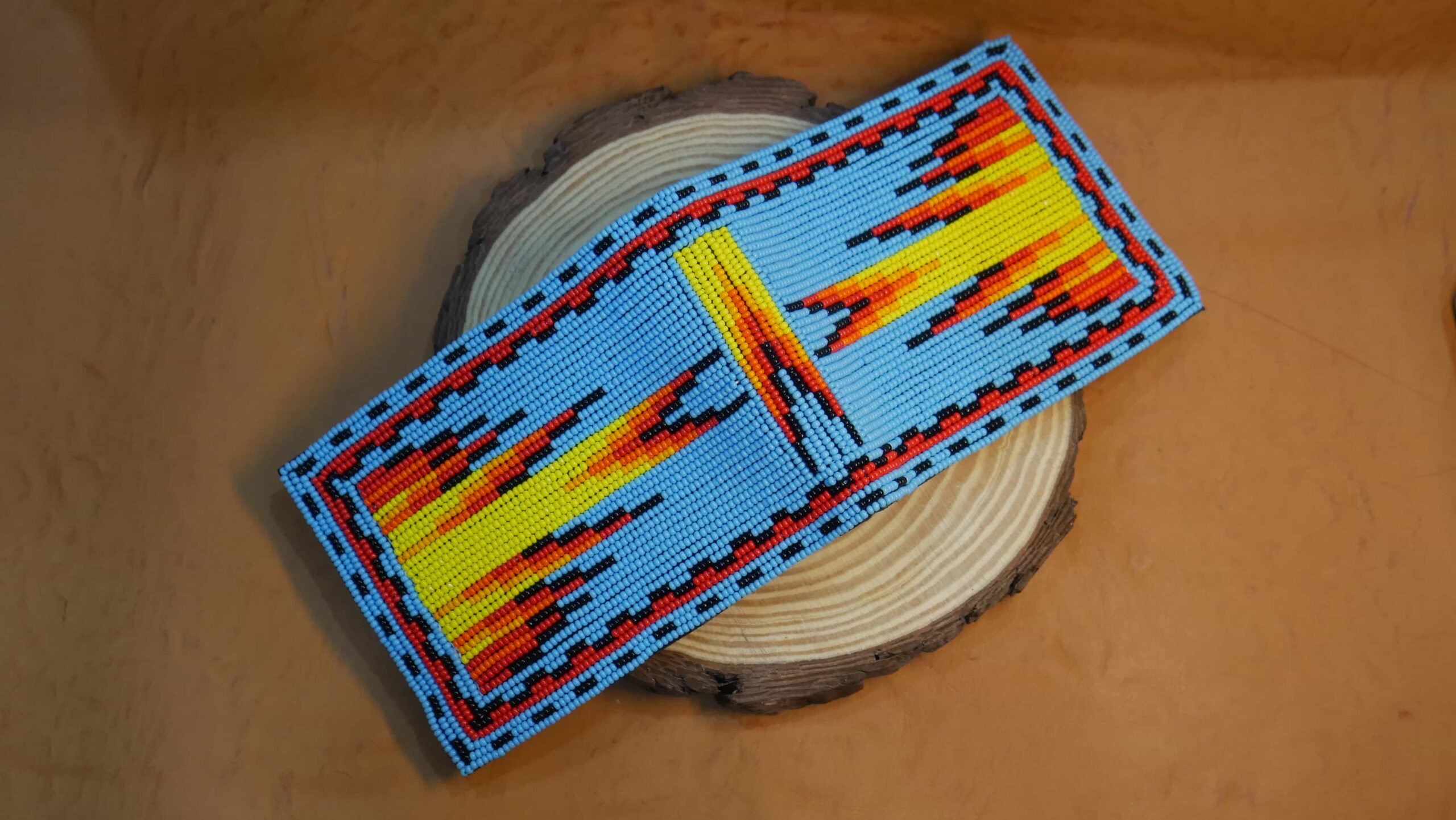 Handmade Native American Seed beads Beaded Genuine Leather Wallet (Sky-Blue & Yellow )