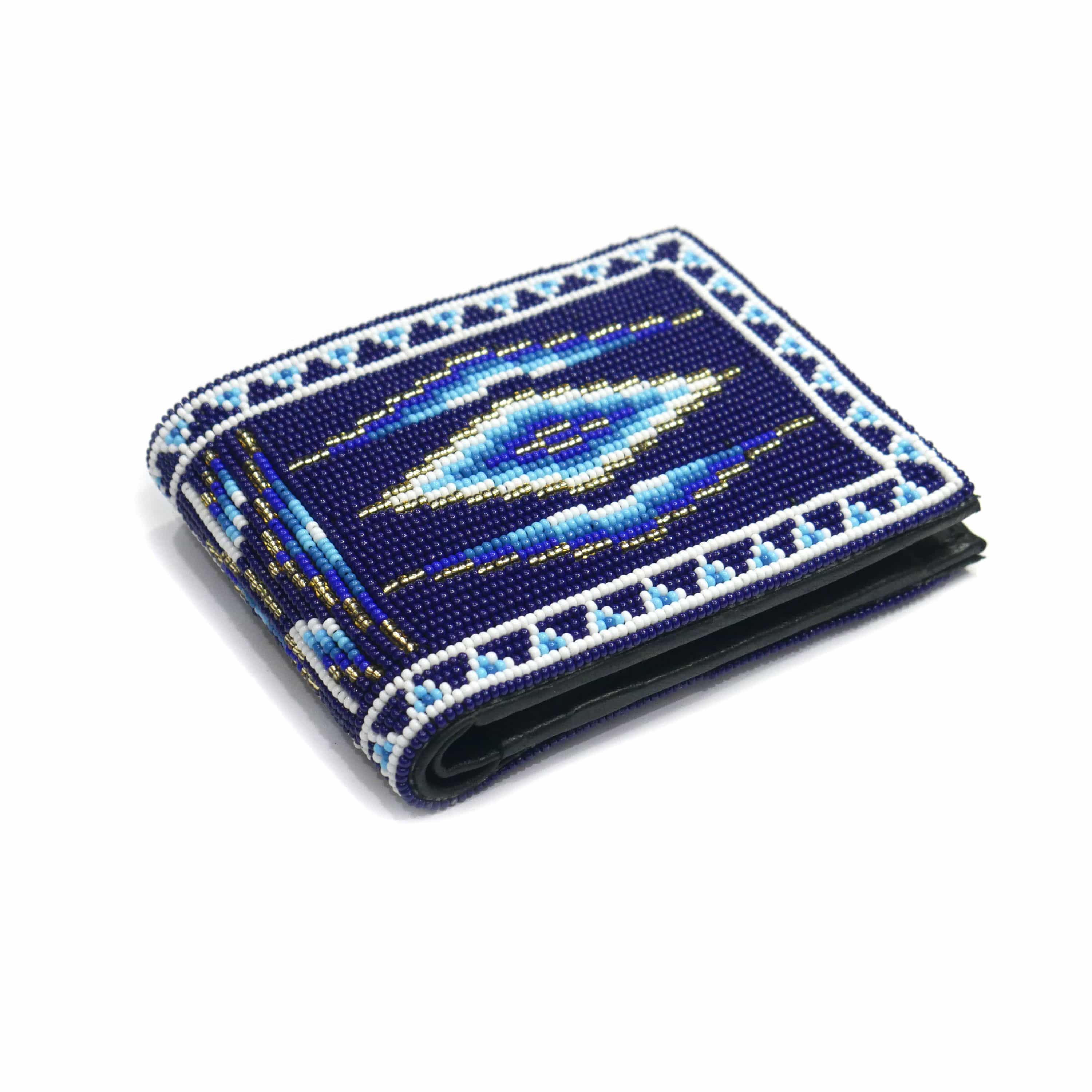 Handmade Native American Seed beads Beaded Genuine Leather Wallet (Deep Blue & White )