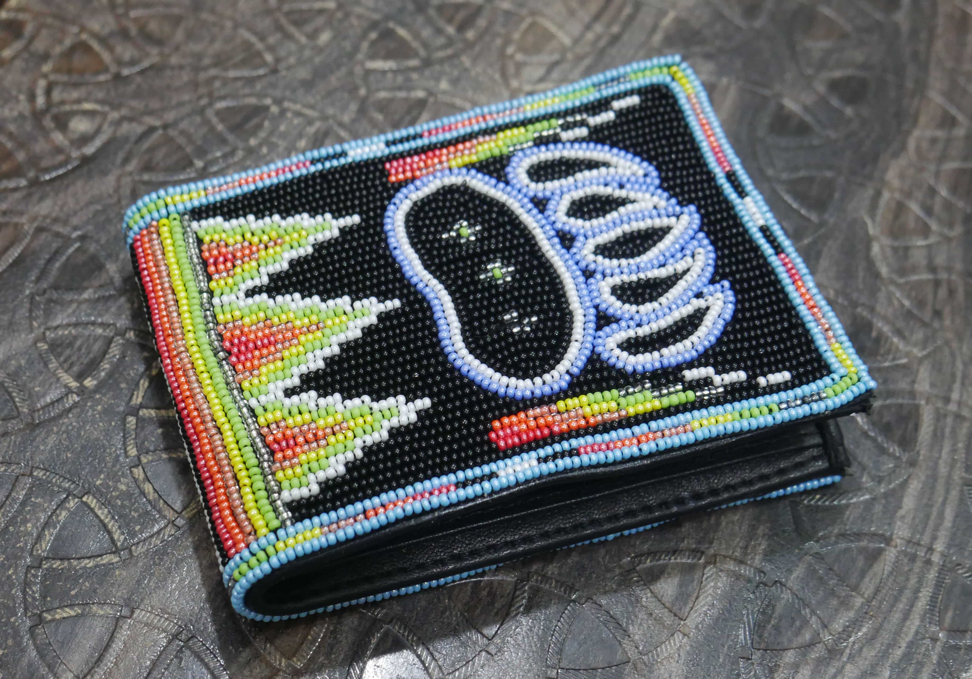Handmade Native American Seed beads Beaded Genuine Leather Wallet (Blue Bear-paw )