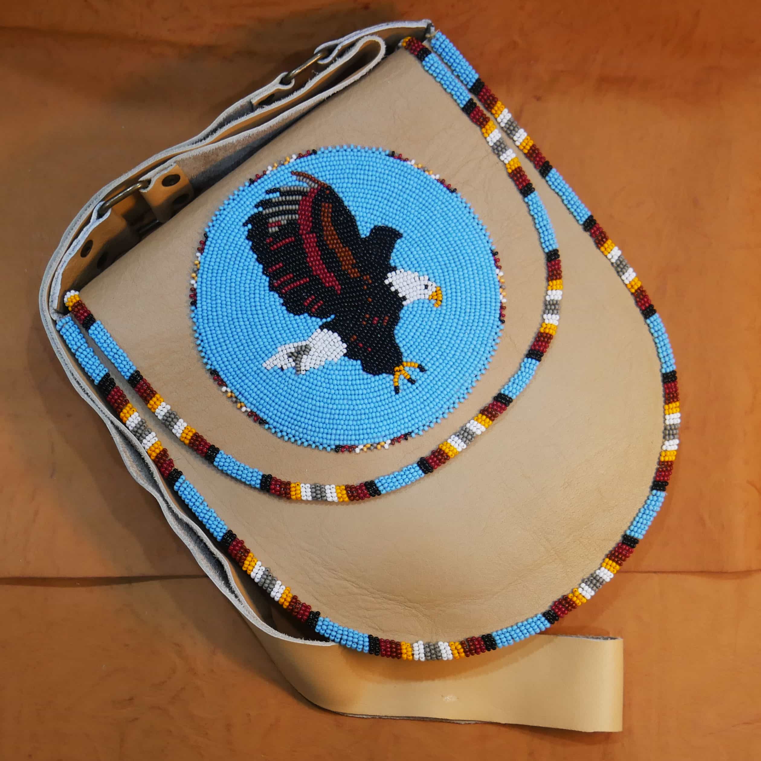 Handmade Beaded Leather Crossbody bag with Beaded Large Medallion Star , Shoulder Bag, Gift for Her, Gift for him ( Sly-Blue Eagle))