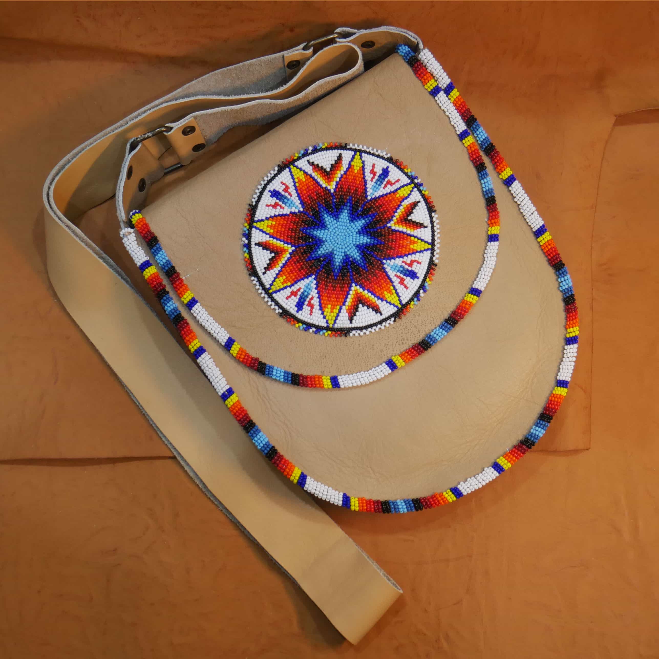 Handmade Beaded Leather Crossbody bag with Beaded Large Medallion Star , Shoulder Bag, Gift for Her, Gift for him (White Star )