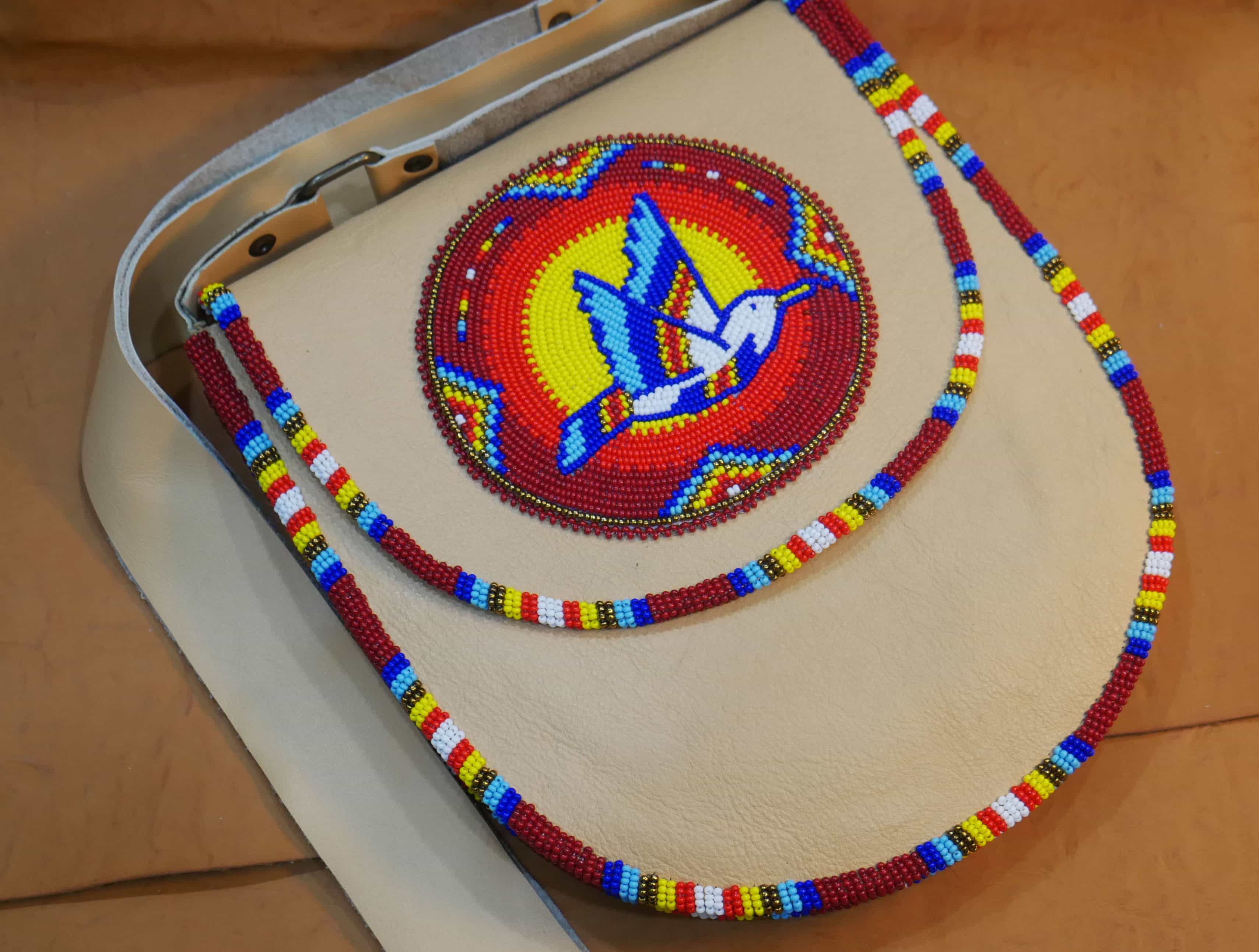 Handmade Beaded Leather Crossbody bag with Beaded Large Medallion Star , Shoulder Bag, Gift for Her, Gift for him ( Red Hummingbird )