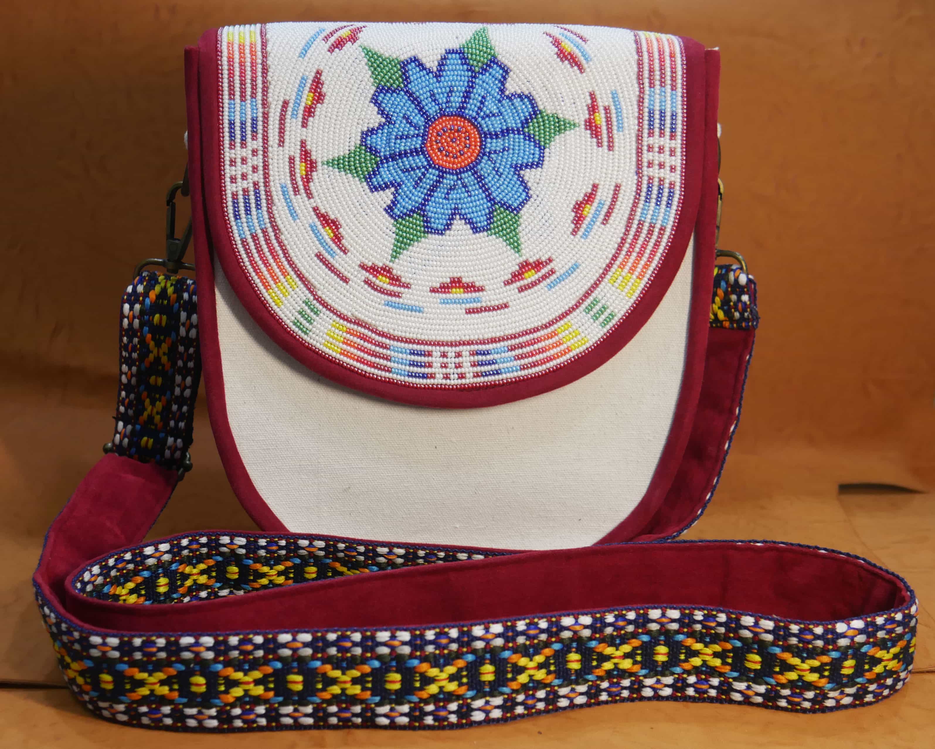 Handmade Native American Beaded Canvas Crossbody Bag , Shoulder Bag, Gift for Her, Gift for him (Sky-Blue Floral)