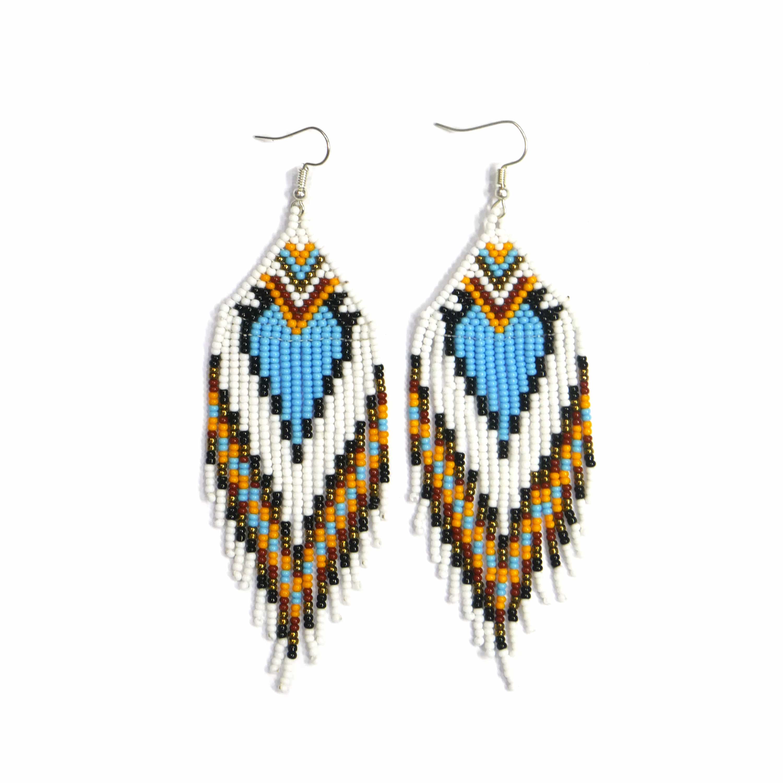 Native American Style Beaded Fringe Earrings (  White & Sky-Blue  )