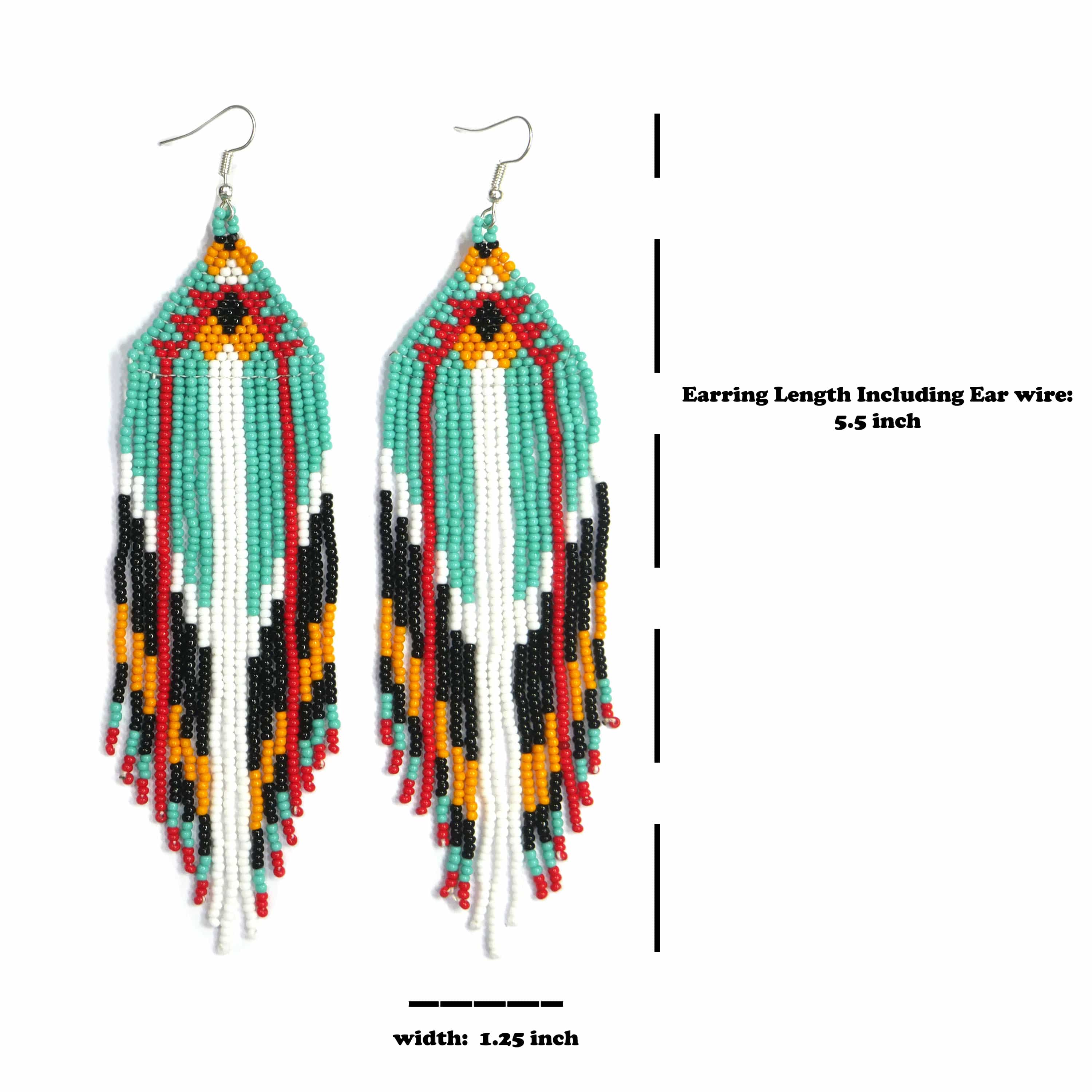 Native American Style Beaded Fringe Earrings ( Turquoise & Black ) - Image 2