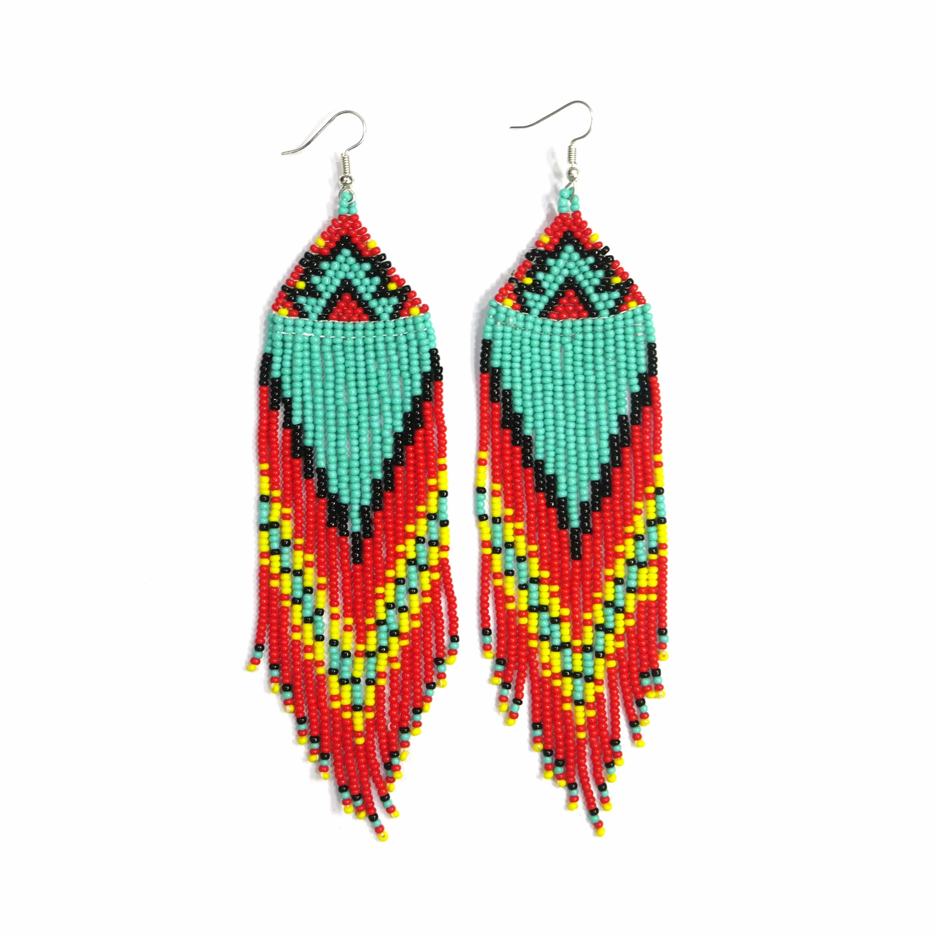 Native American Style Beaded Fringe Earrings ( Turquoise & Red )