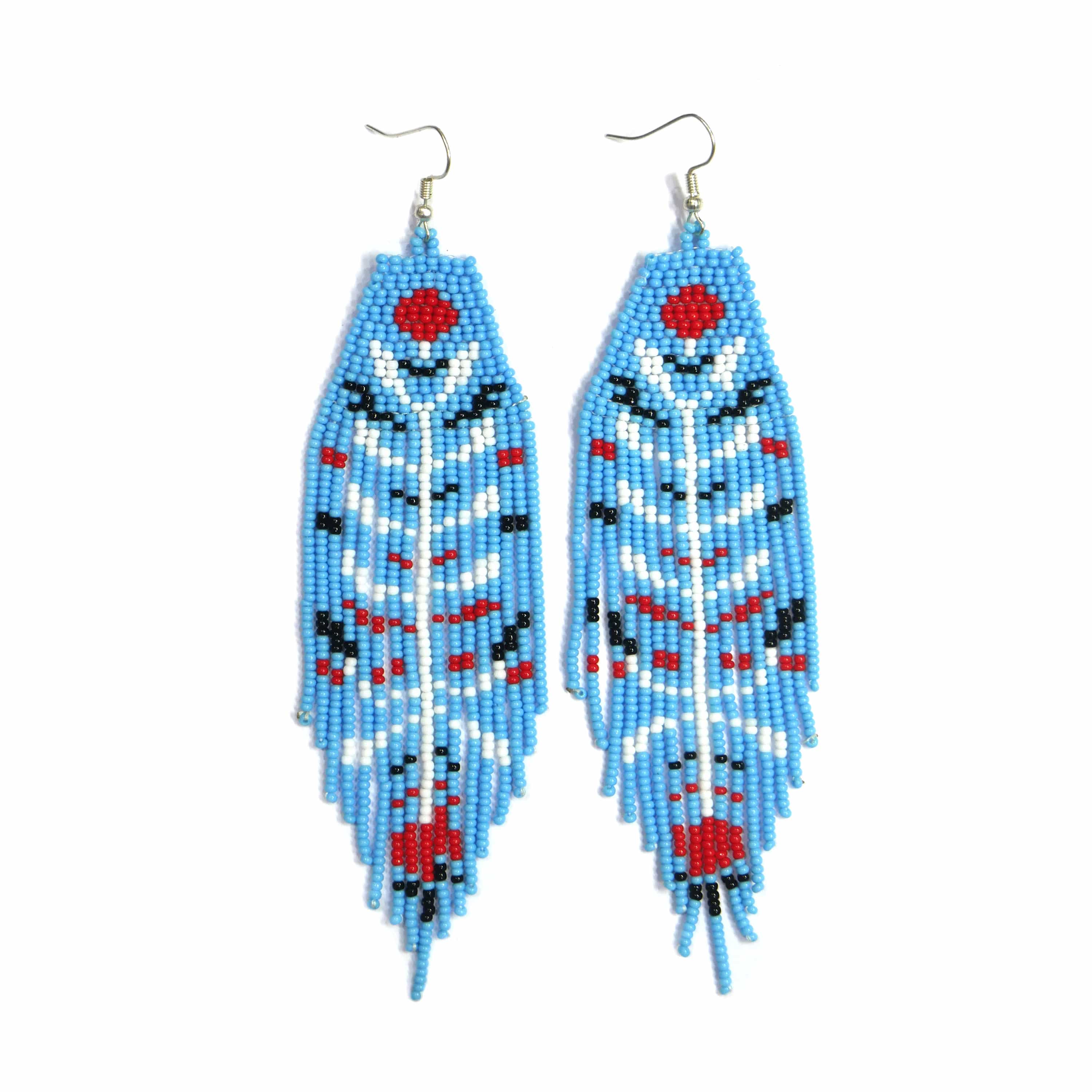Native American Style Beaded Fringe Earrings ( Sky-Blue & White )