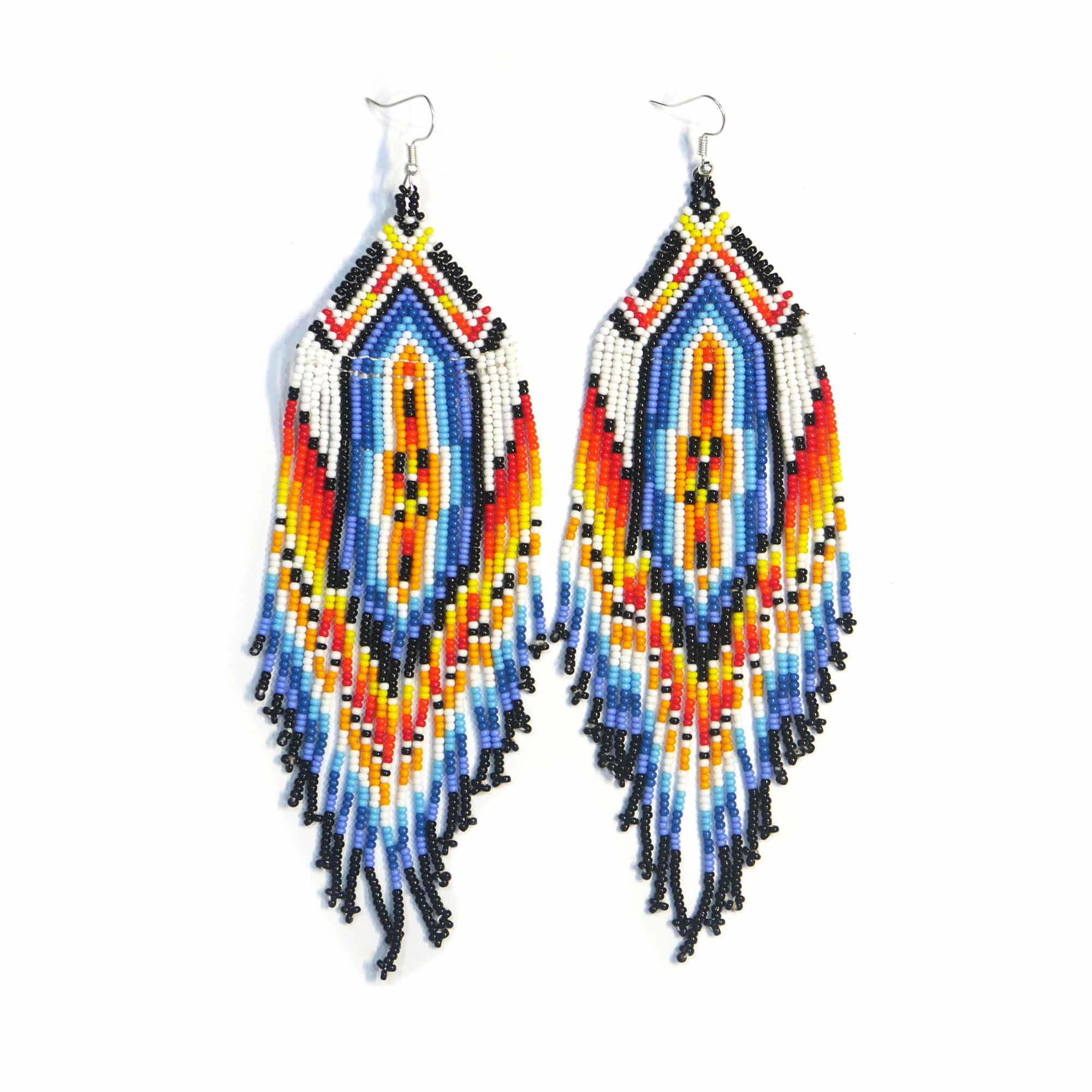 Native American Style Beaded Fringe Earrings ( White Multi )