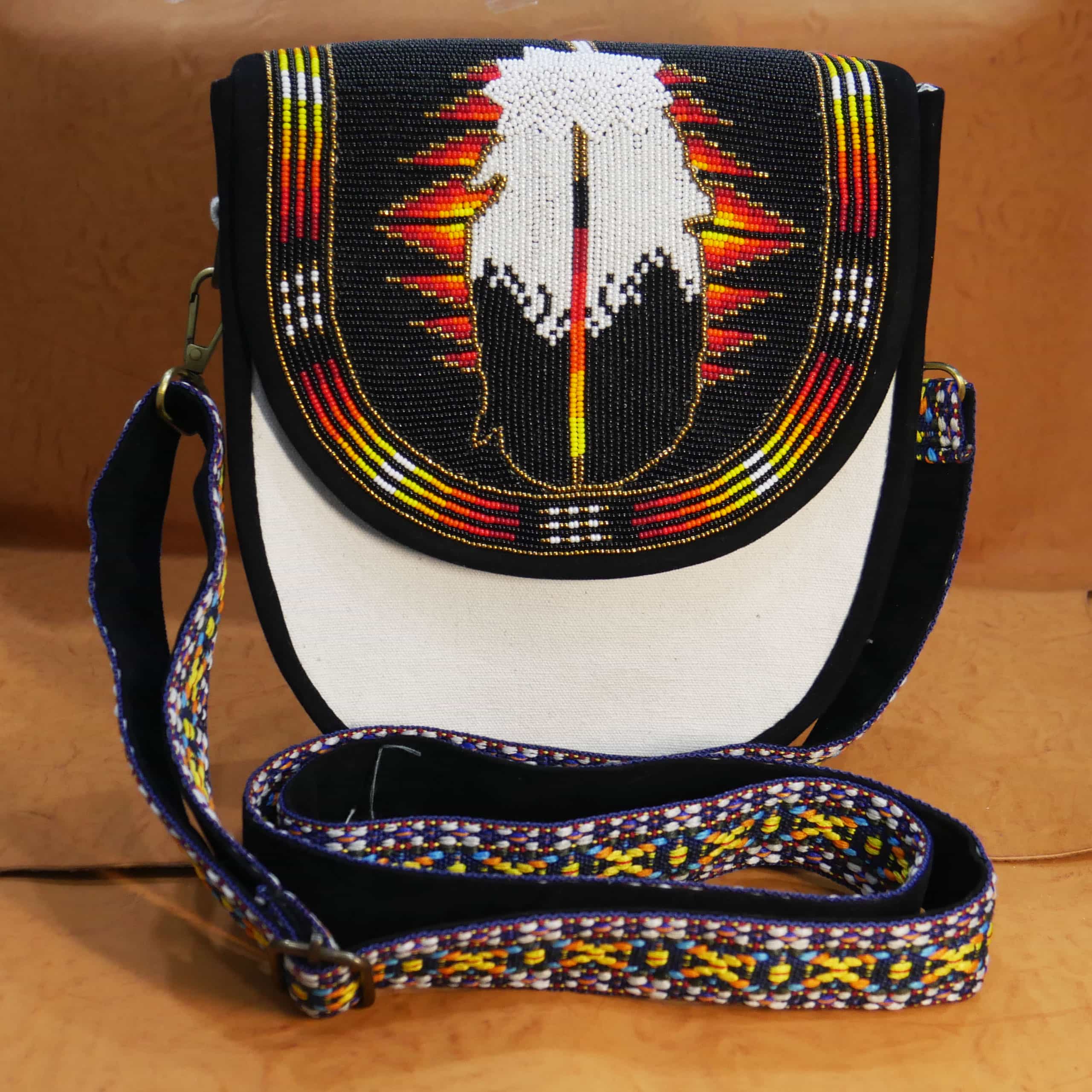 Handmade Native American Beaded Canvas Crossbody Bag , Shoulder Bag, Gift for Her, Gift for him (Black Feather)