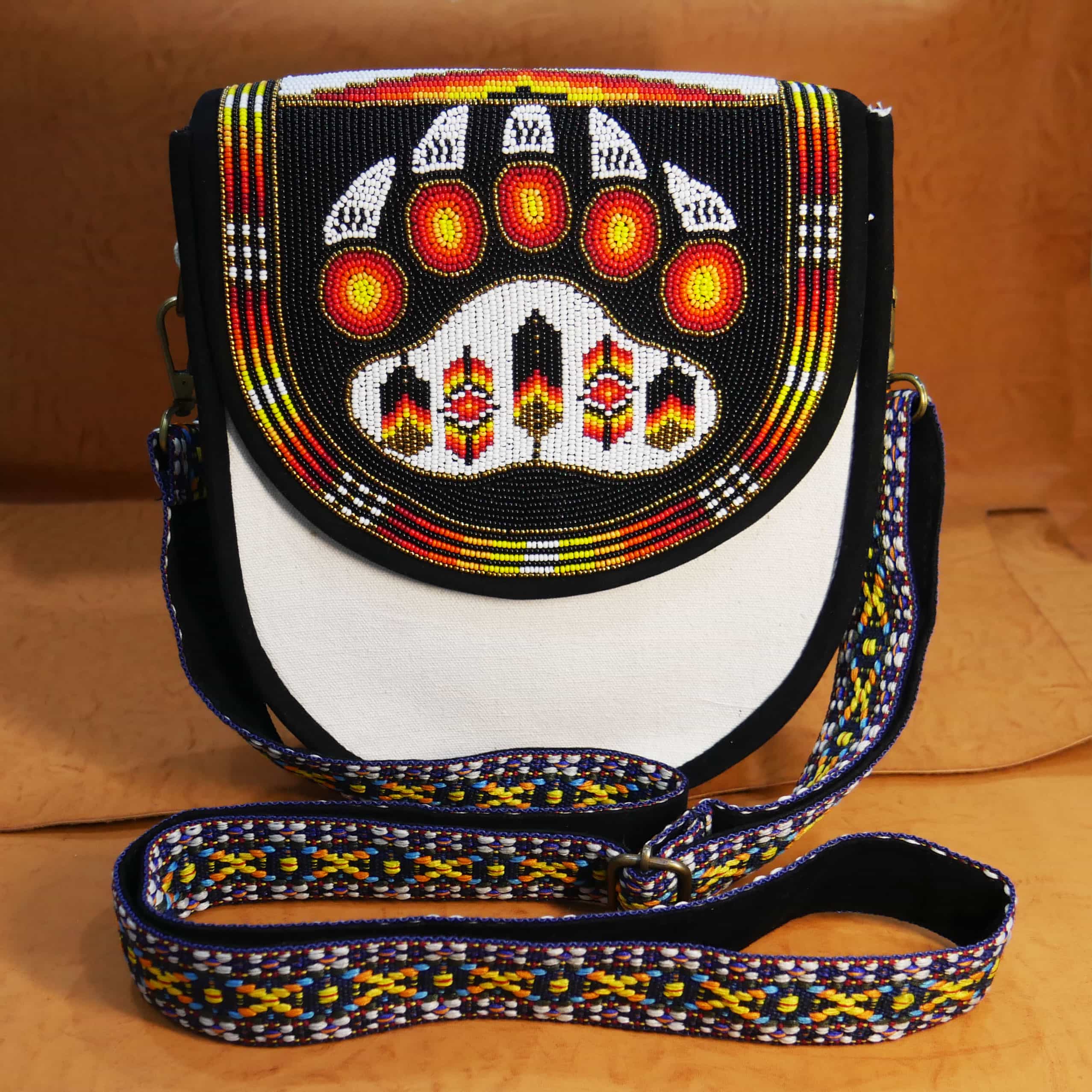 Handmade Native American Beaded Canvas Crossbody Bag , Shoulder Bag, Gift for Her, Gift for him (Black Bear-Paw)