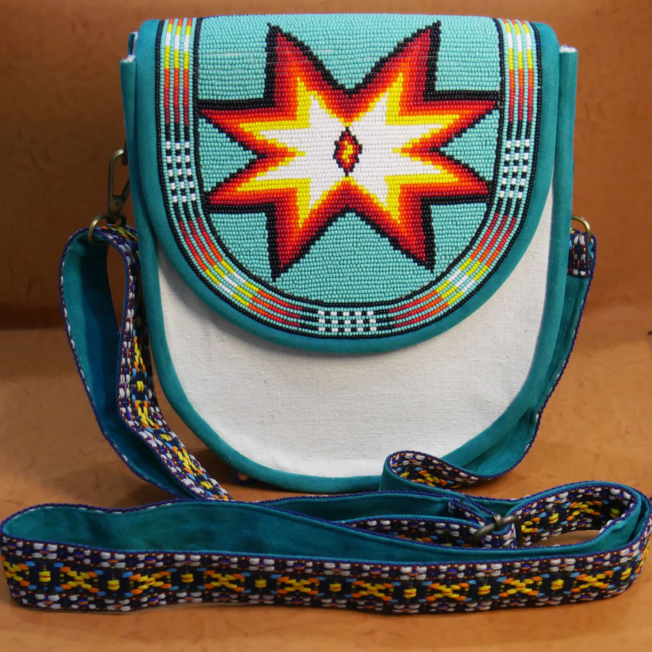 Handmade Native American Beaded Canvas Crossbody Bag , Shoulder Bag, Gift for Her, Gift for him (Turquoise Star )