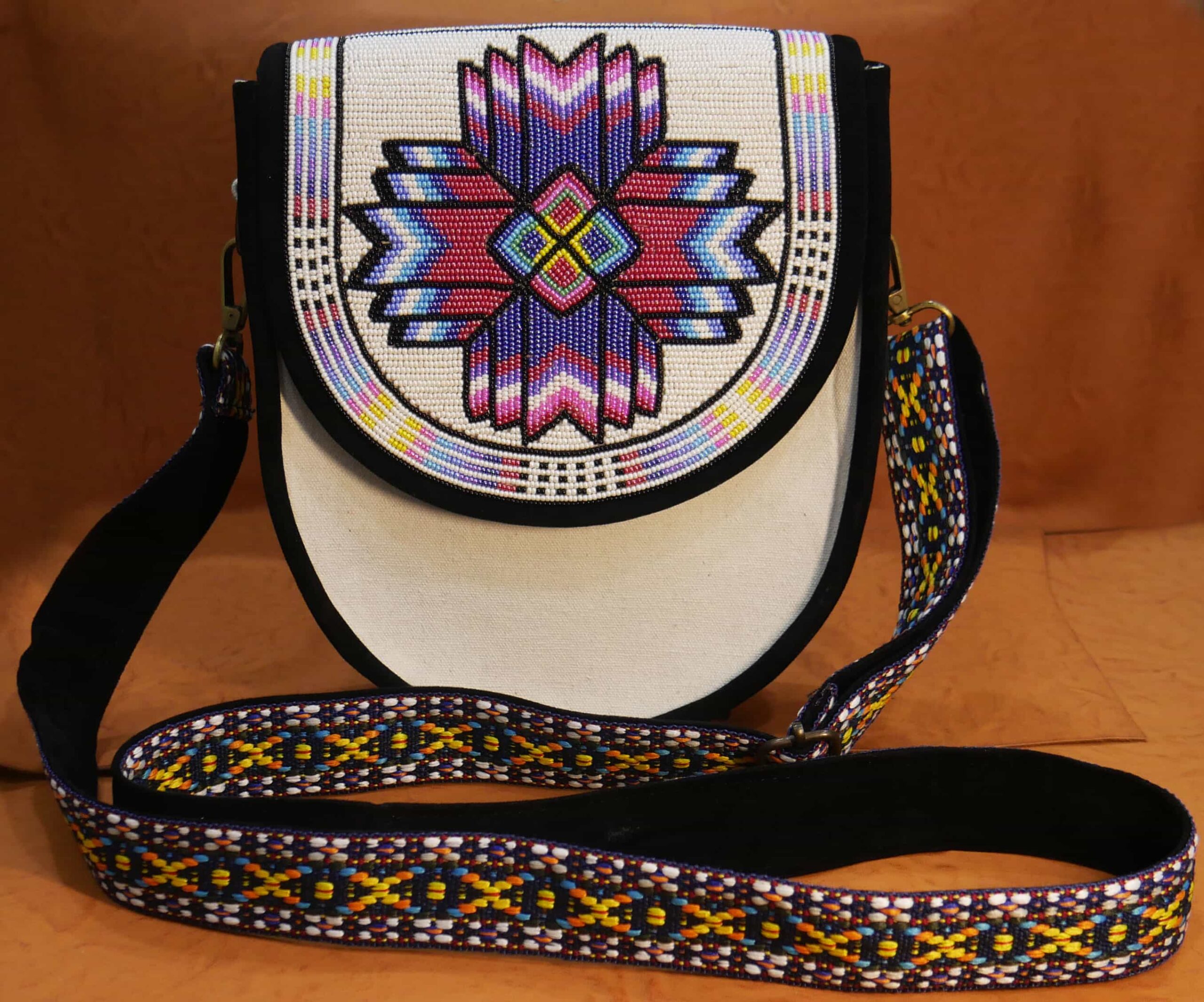 Handmade Native American Beaded Canvas Crossbody Bag , Shoulder Bag, Gift for Her, Gift for him ( Cream )