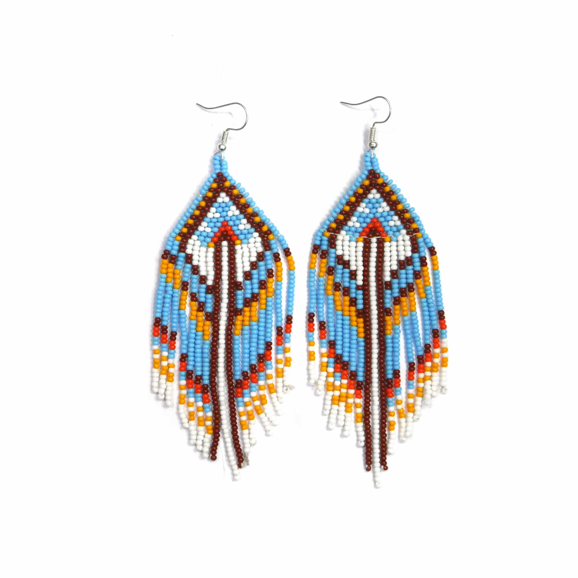 Native American Beaded Fringe Earrings ( Sky-Blue & White )