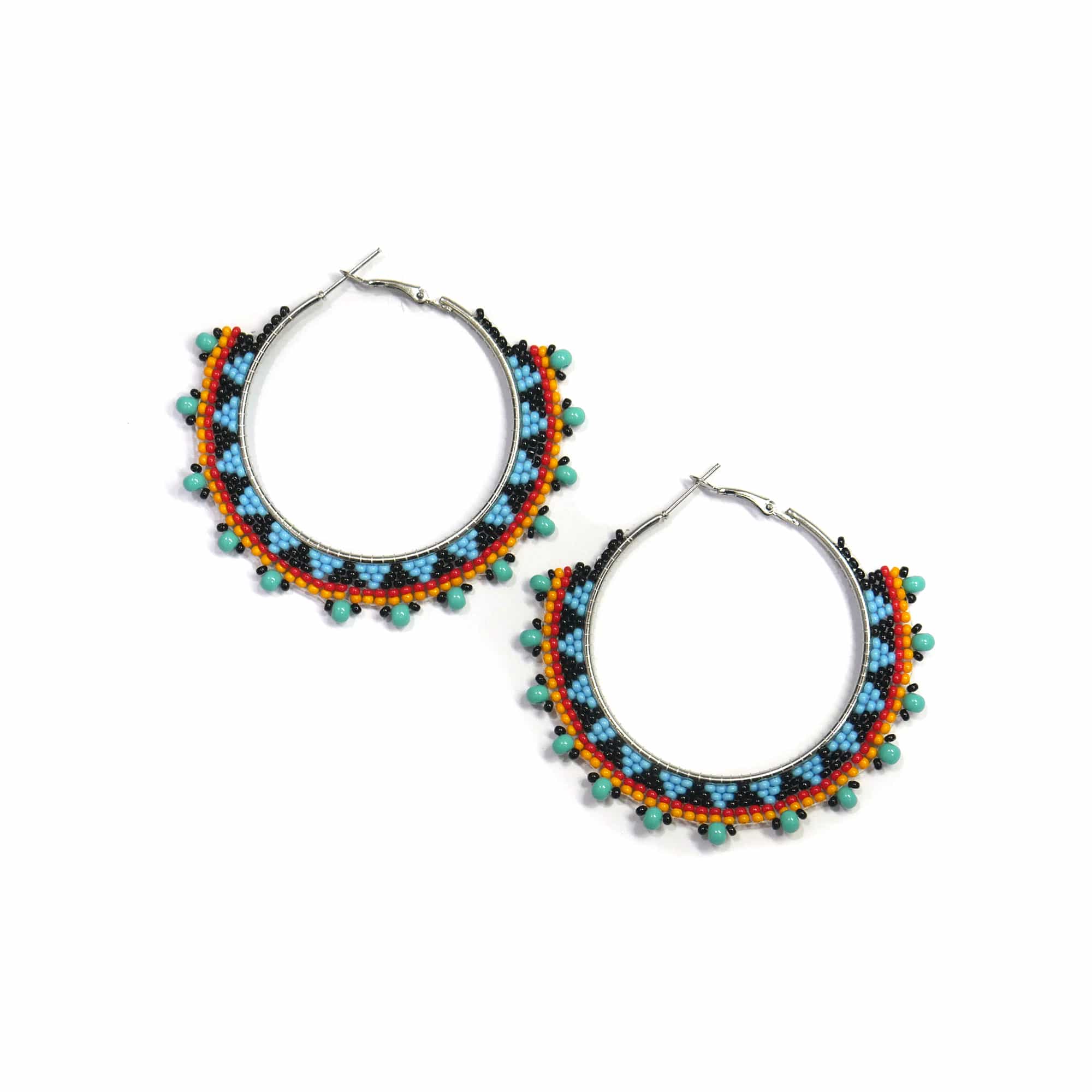 Native American Style Beaded Hoop Earrings Black & Sky-Blue