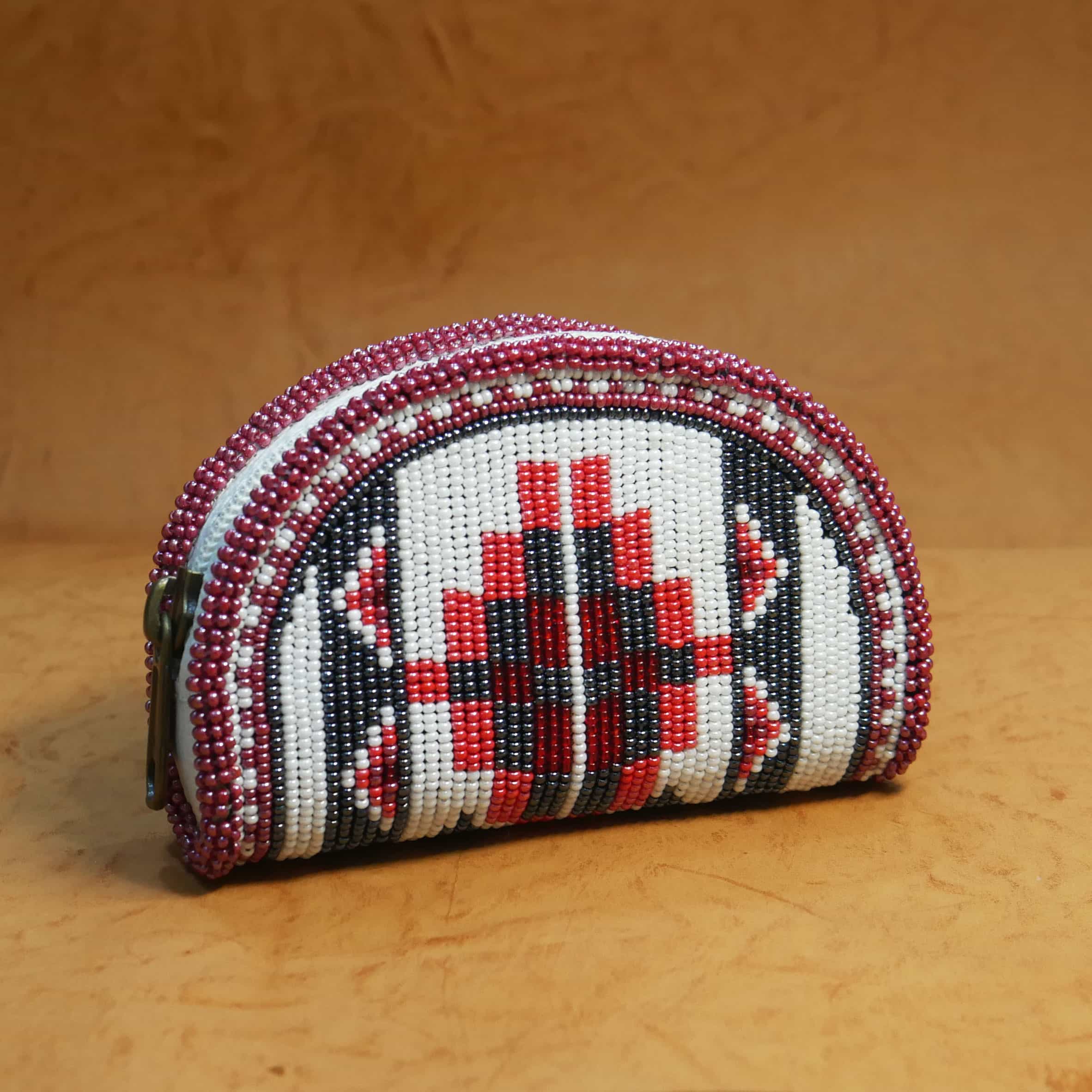 Handmade Native American Beaded Change Purse Seed Beads Coin Bag ( White & Dark Grey )