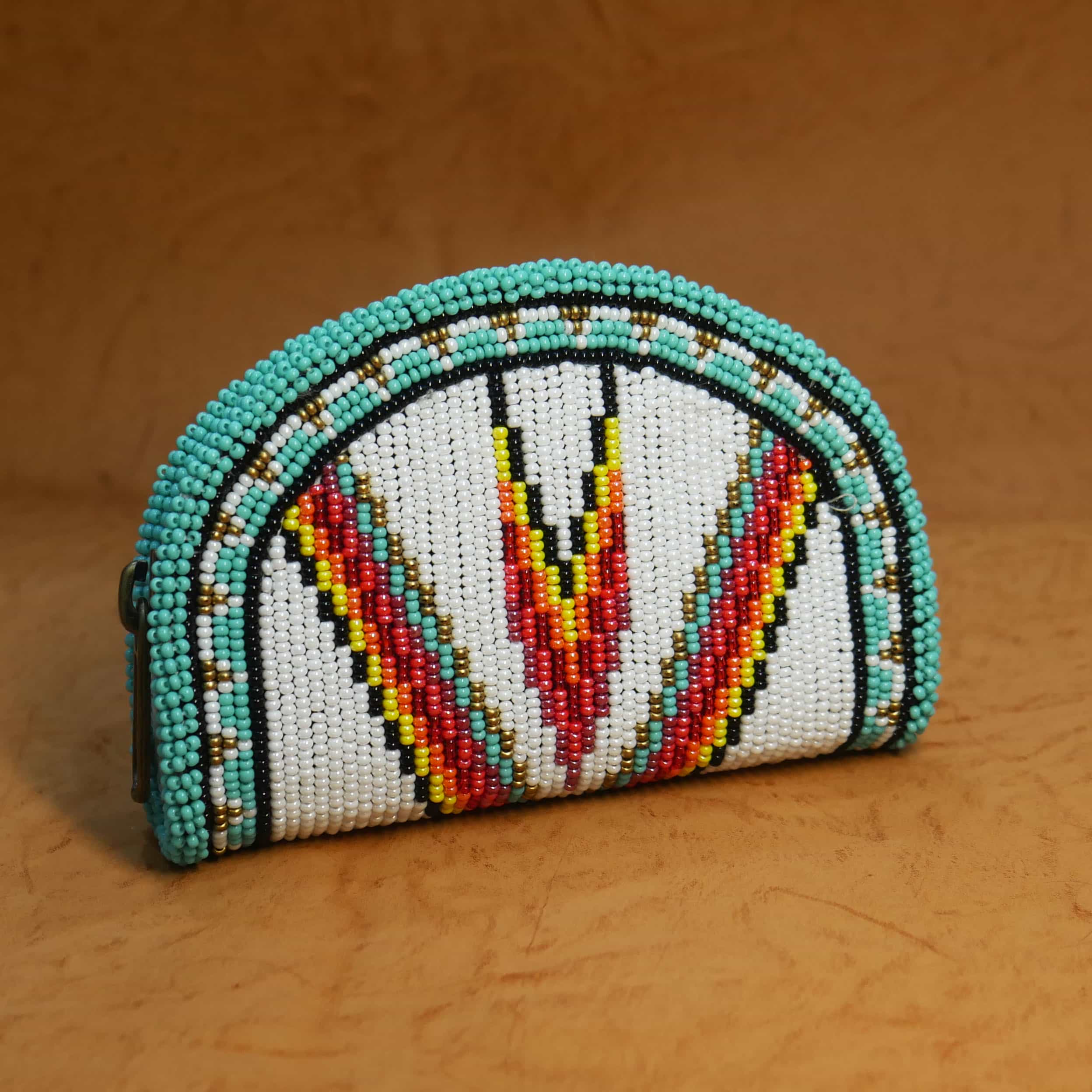 Handmade Native American Beaded Change Purse Seed Beads Coin Bag ( White & Turquoise  )
