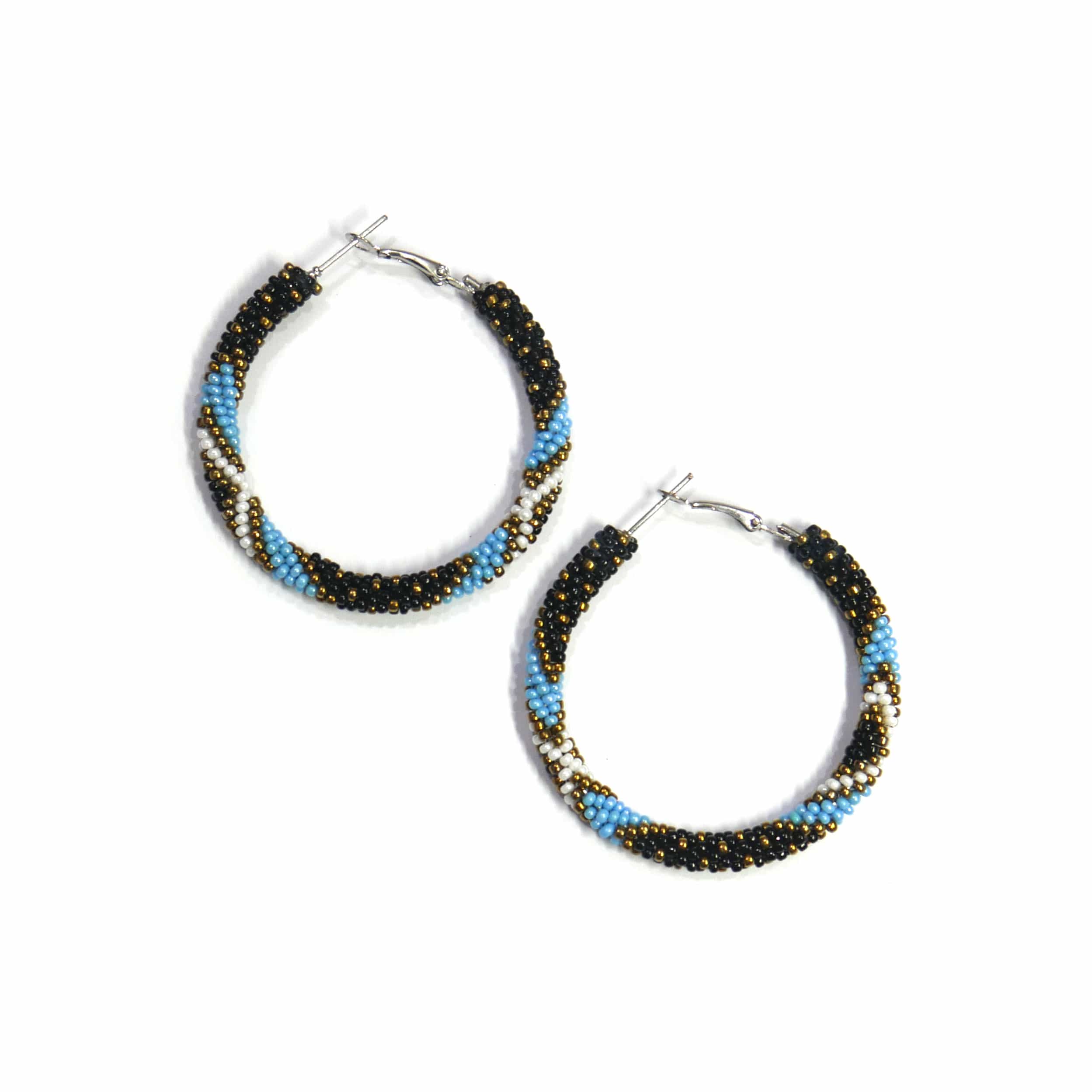 Native American Style Beaded Hoop Earrings Black & Sky-Blue
